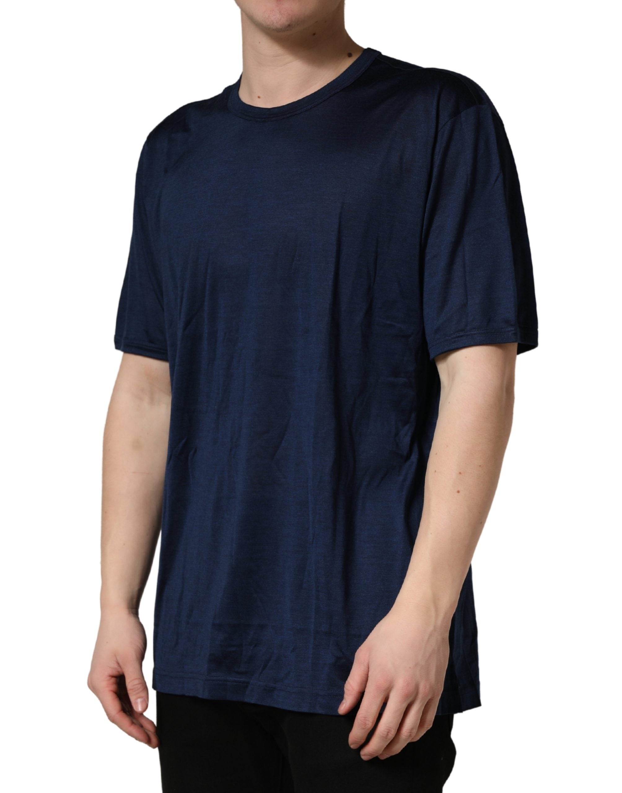 Dark Blue Silk Short Sleeve CrewNeck T-shirt - ventzia