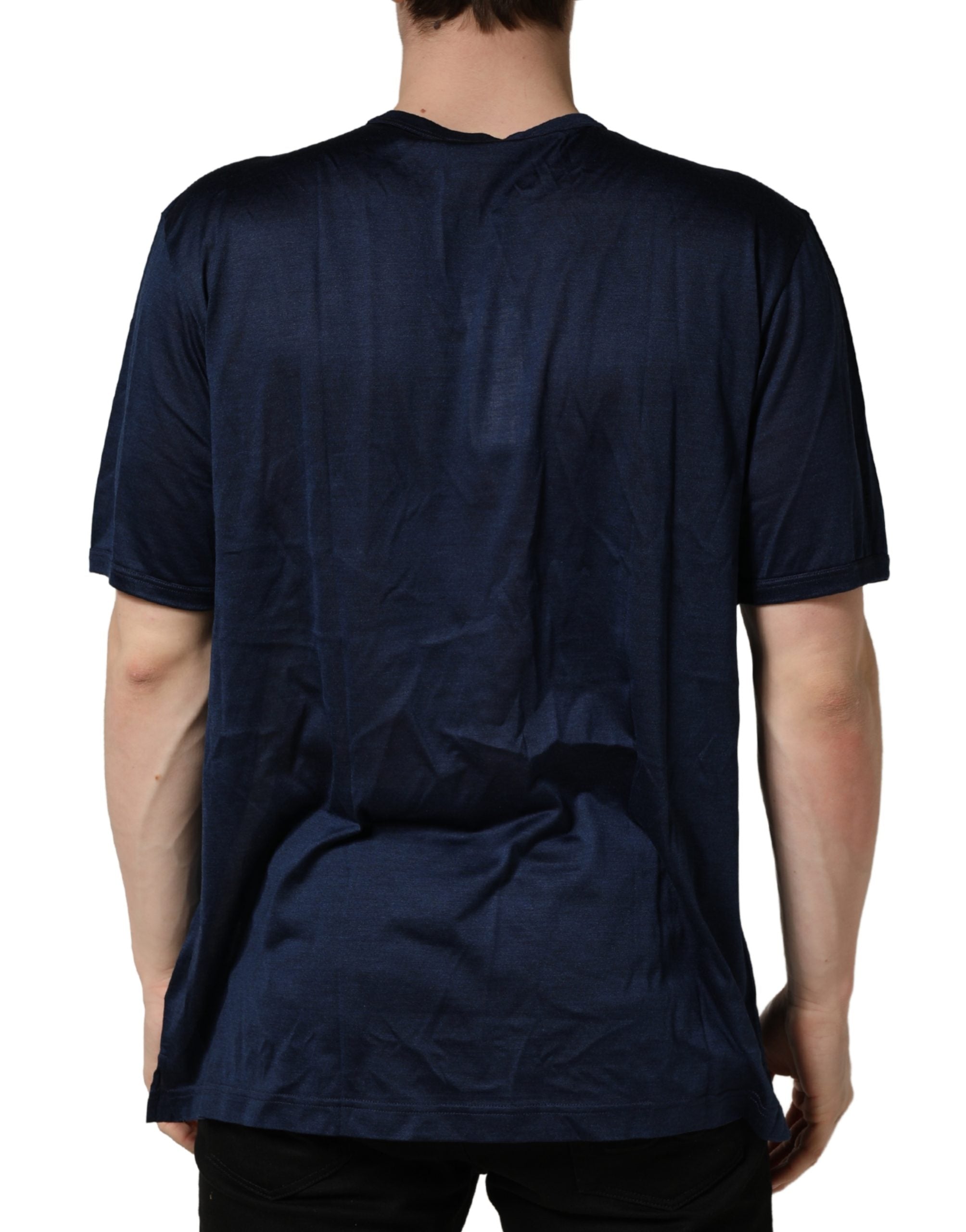 Dark Blue Silk Short Sleeve CrewNeck T-shirt - ventzia