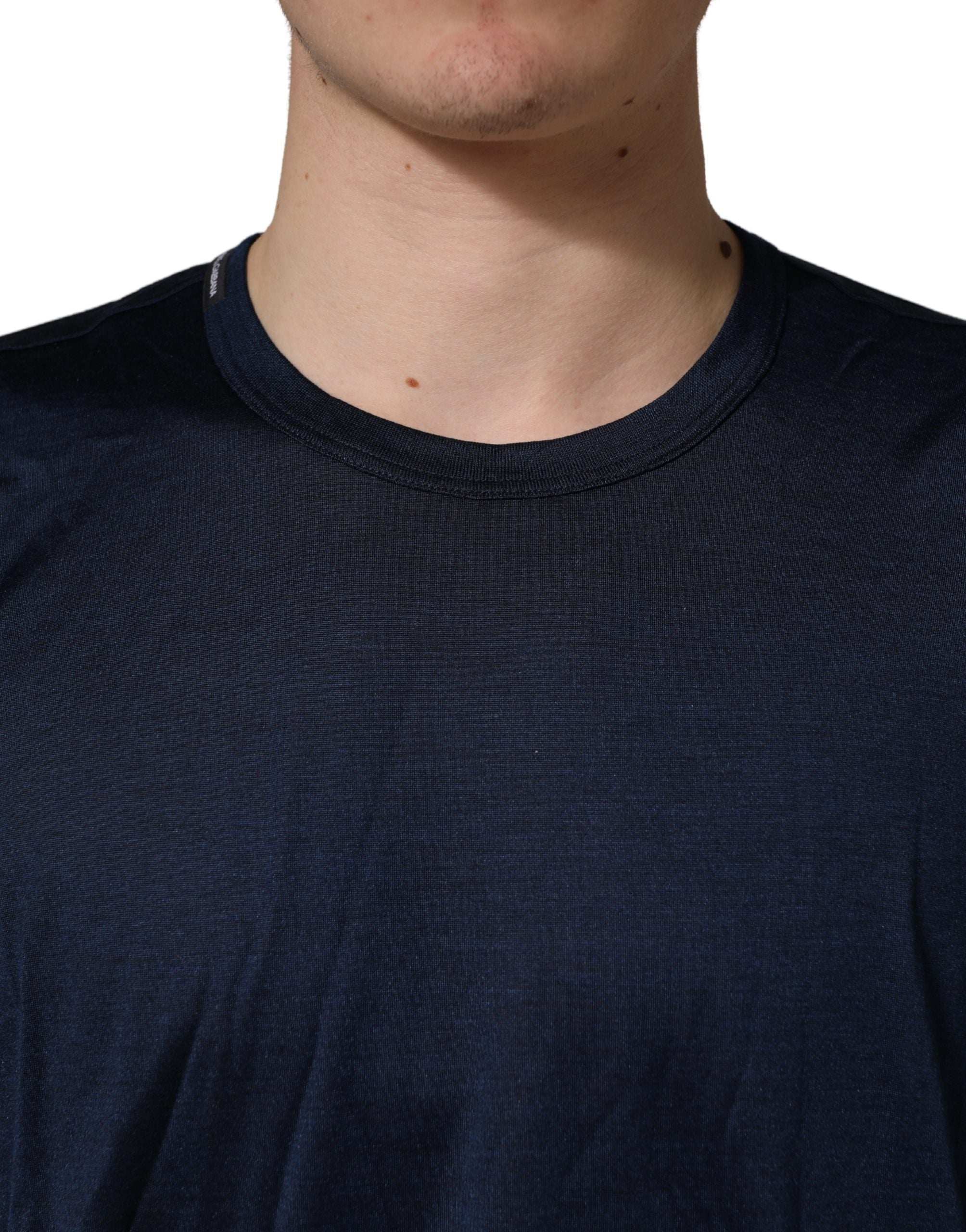 Dark Blue Silk Short Sleeve CrewNeck T-shirt - ventzia