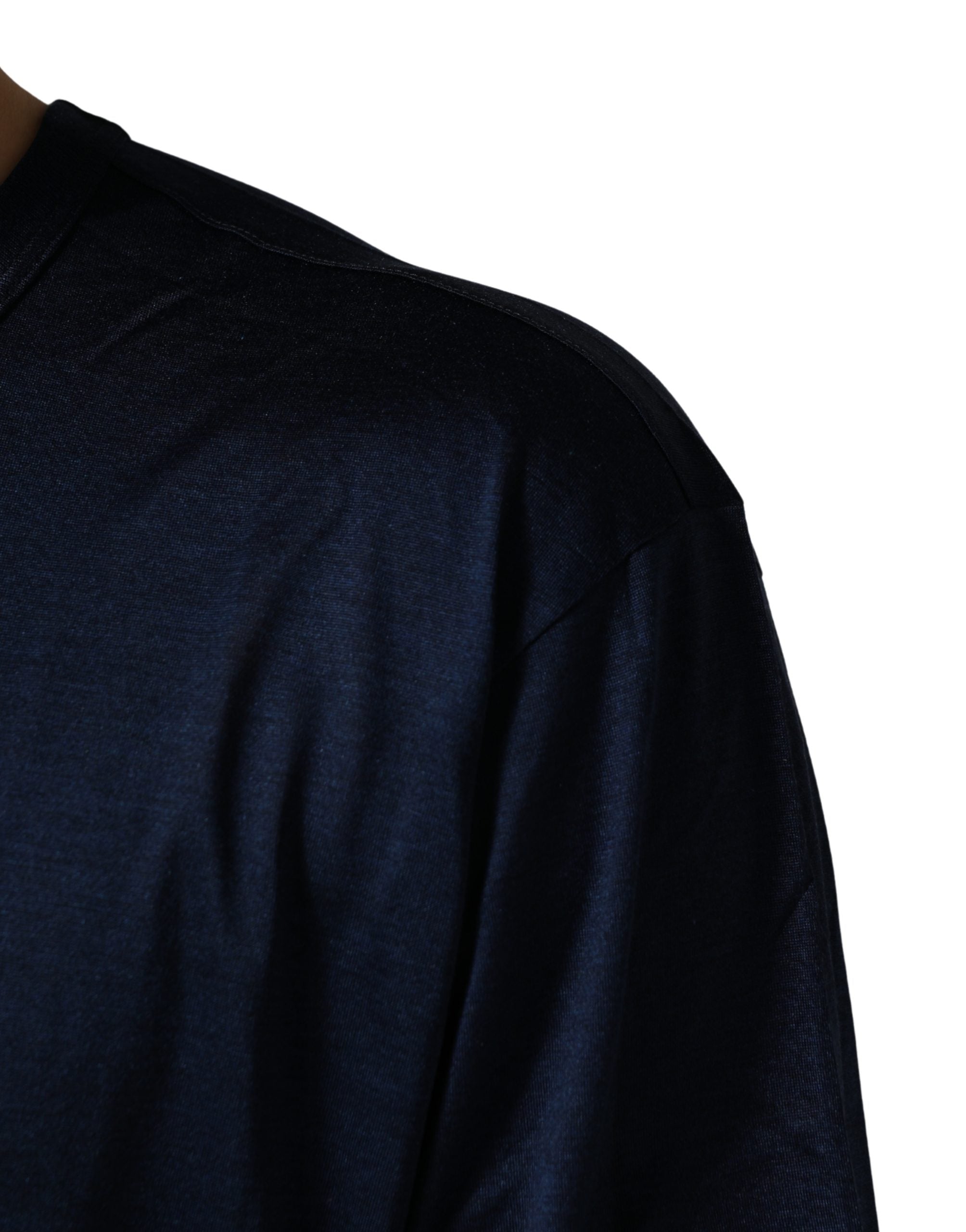 Dark Blue Silk Short Sleeve CrewNeck T-shirt - ventzia