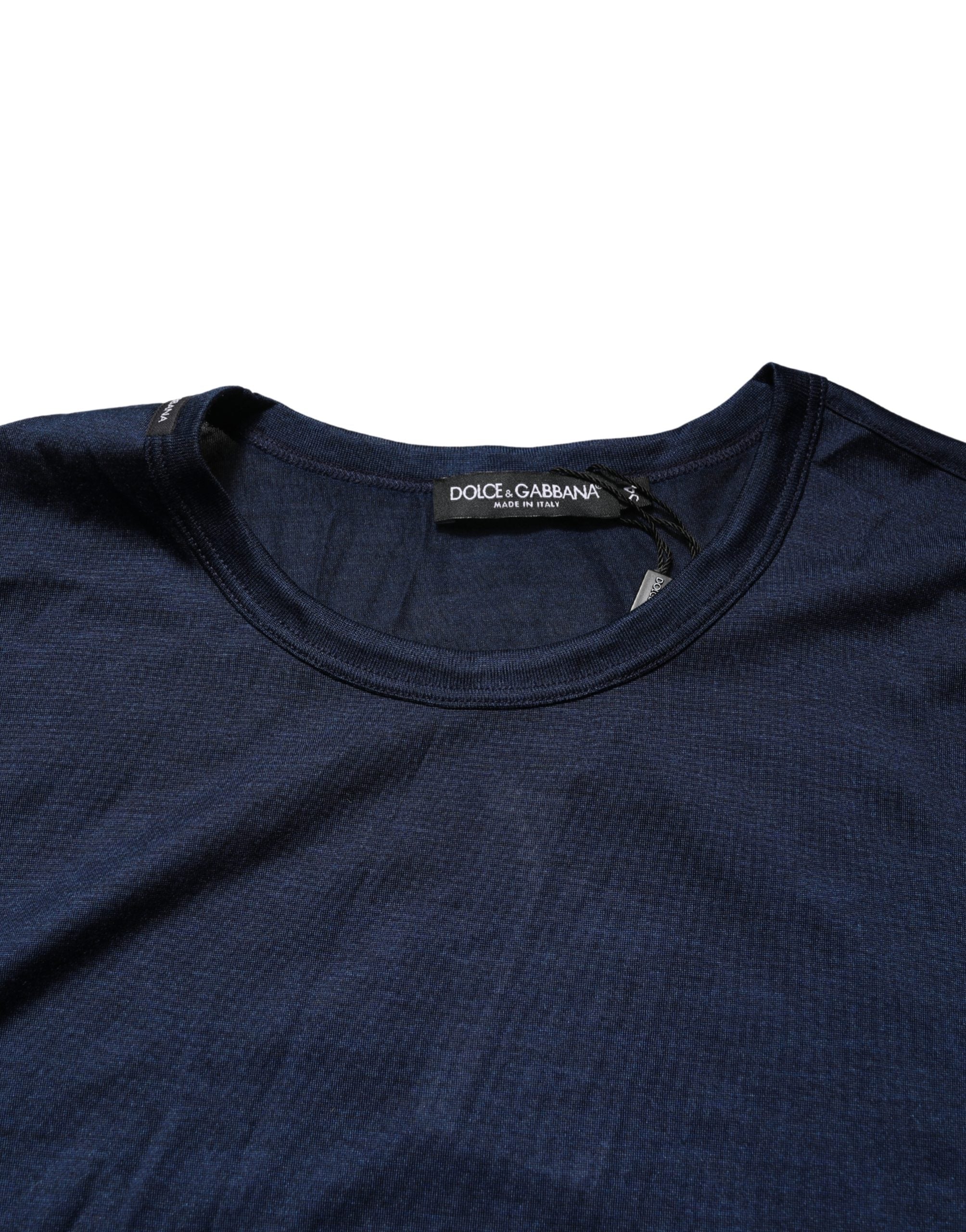 Dark Blue Silk Short Sleeve CrewNeck T-shirt - ventzia