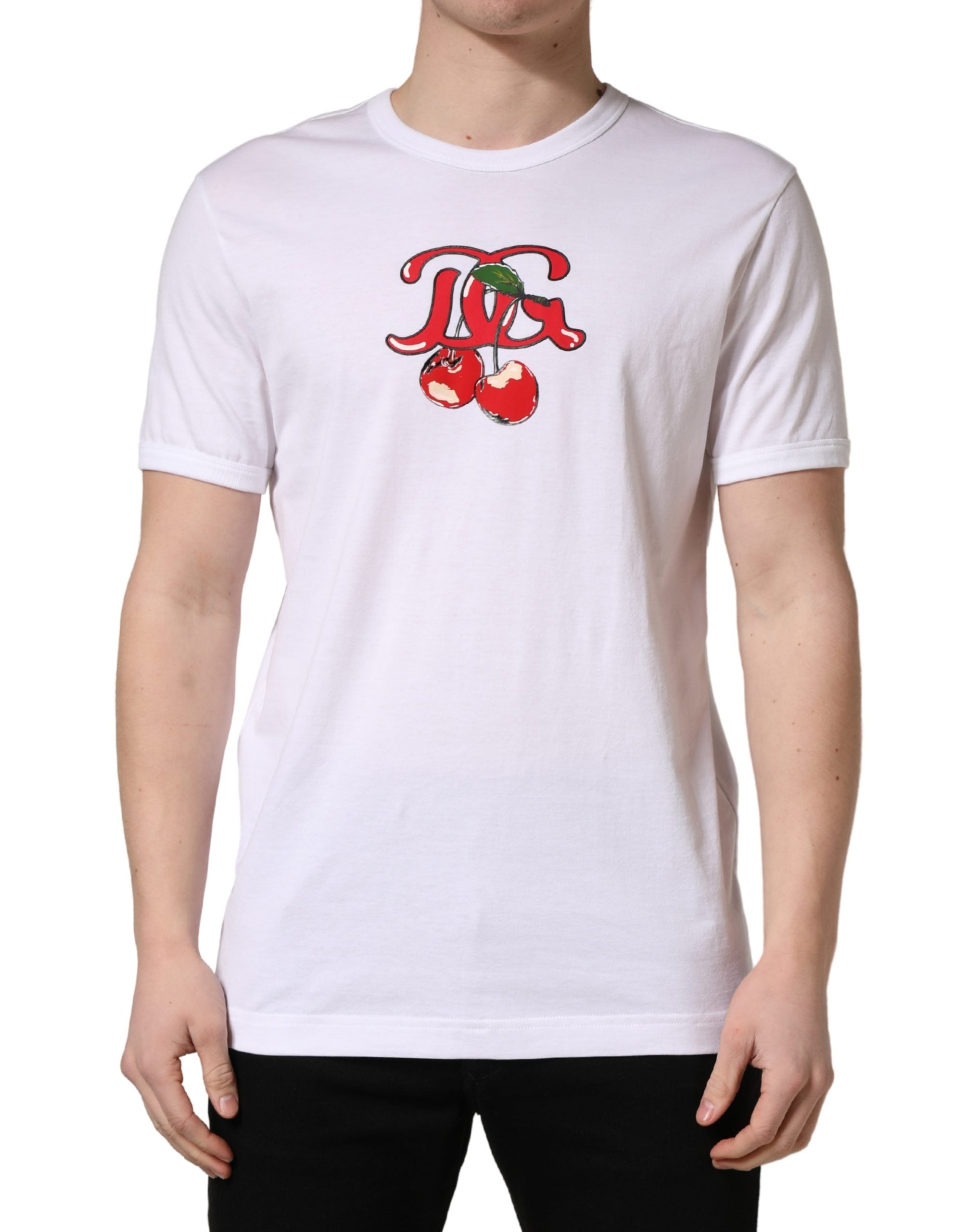 White DG Cherries Cotton Crew Neck  T-shirt - ventzia