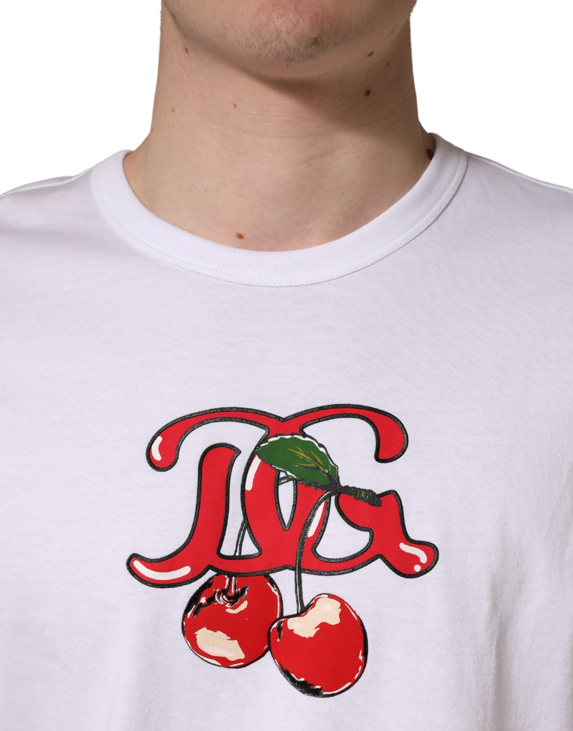 White DG Cherries Cotton Crew Neck  T-shirt - ventzia