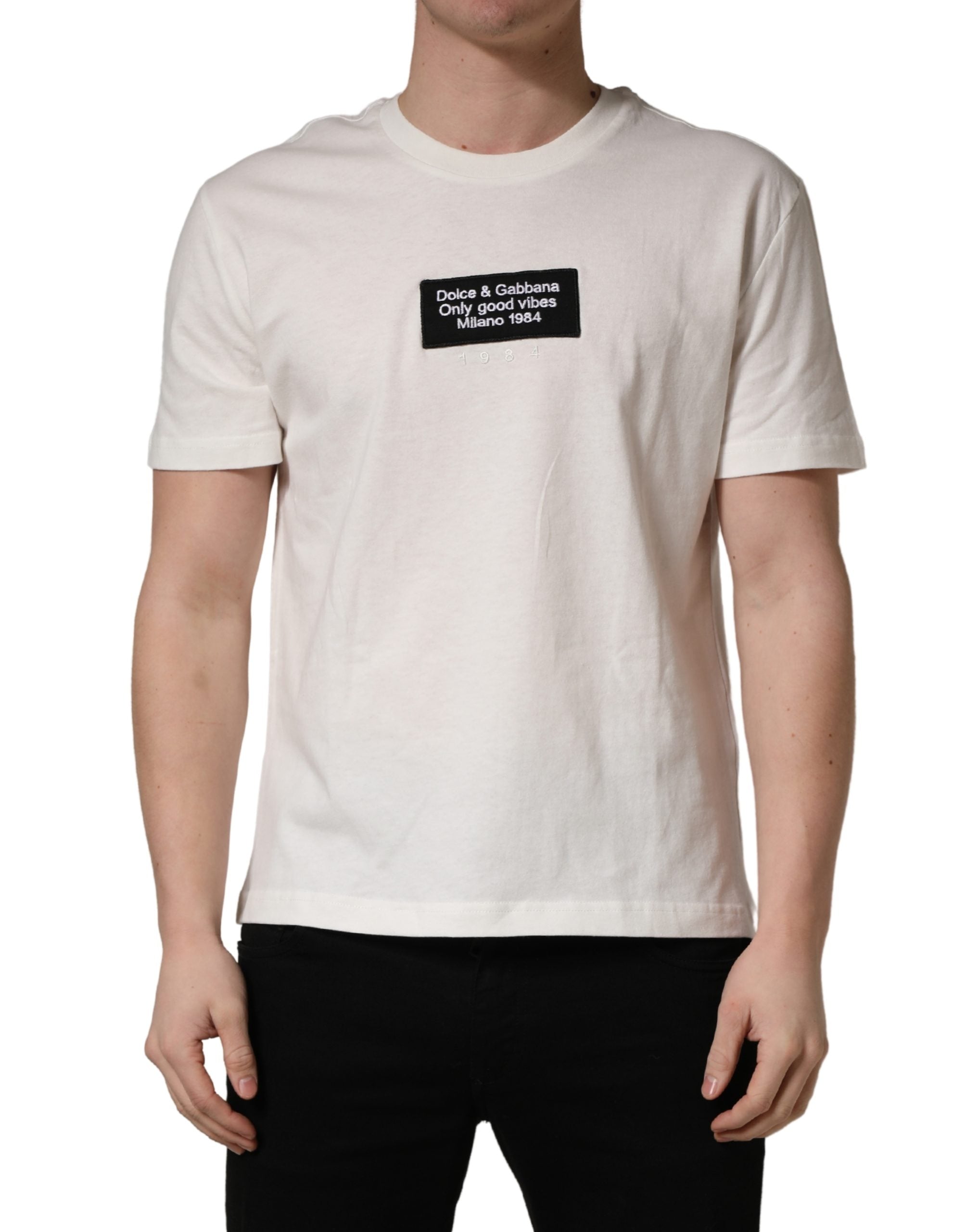 White Logo Patch Cotton Men Crew Neck  T-shirt - ventzia