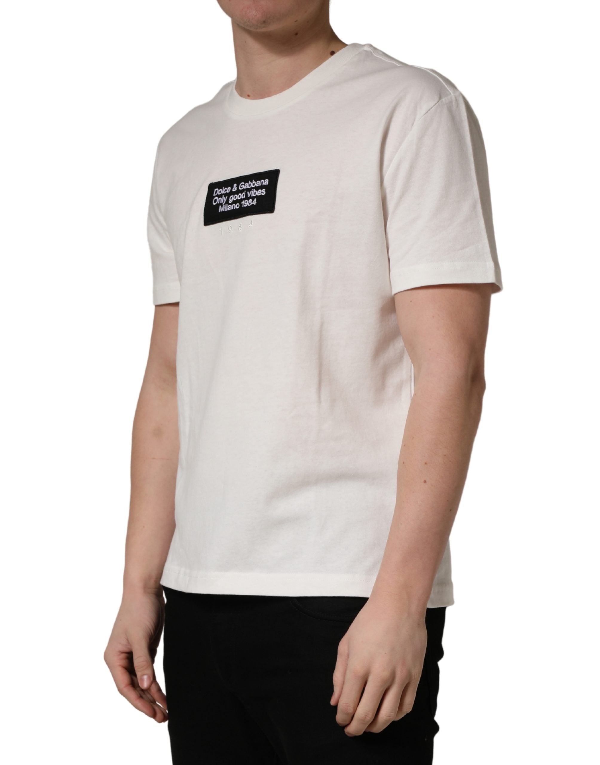 White Logo Patch Cotton Men Crew Neck  T-shirt - ventzia