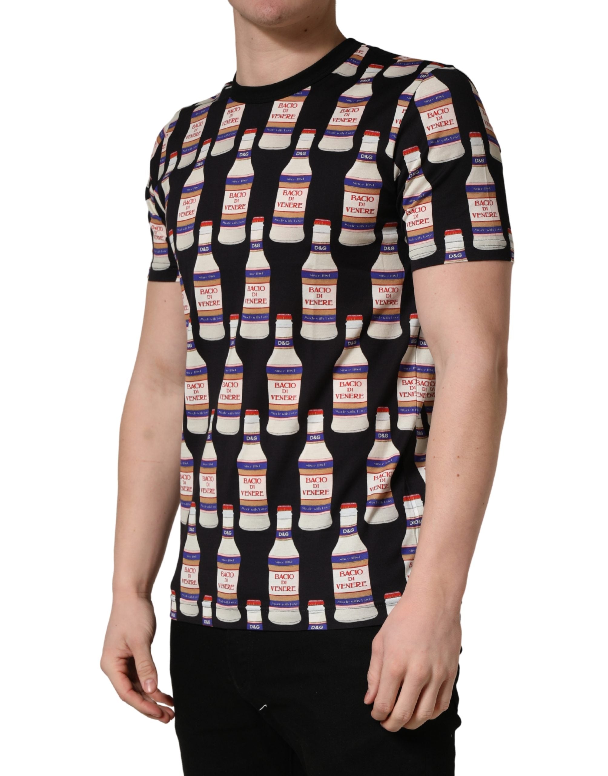 Black Bottle Print Cotton Crew Neck  T-shirt - ventzia