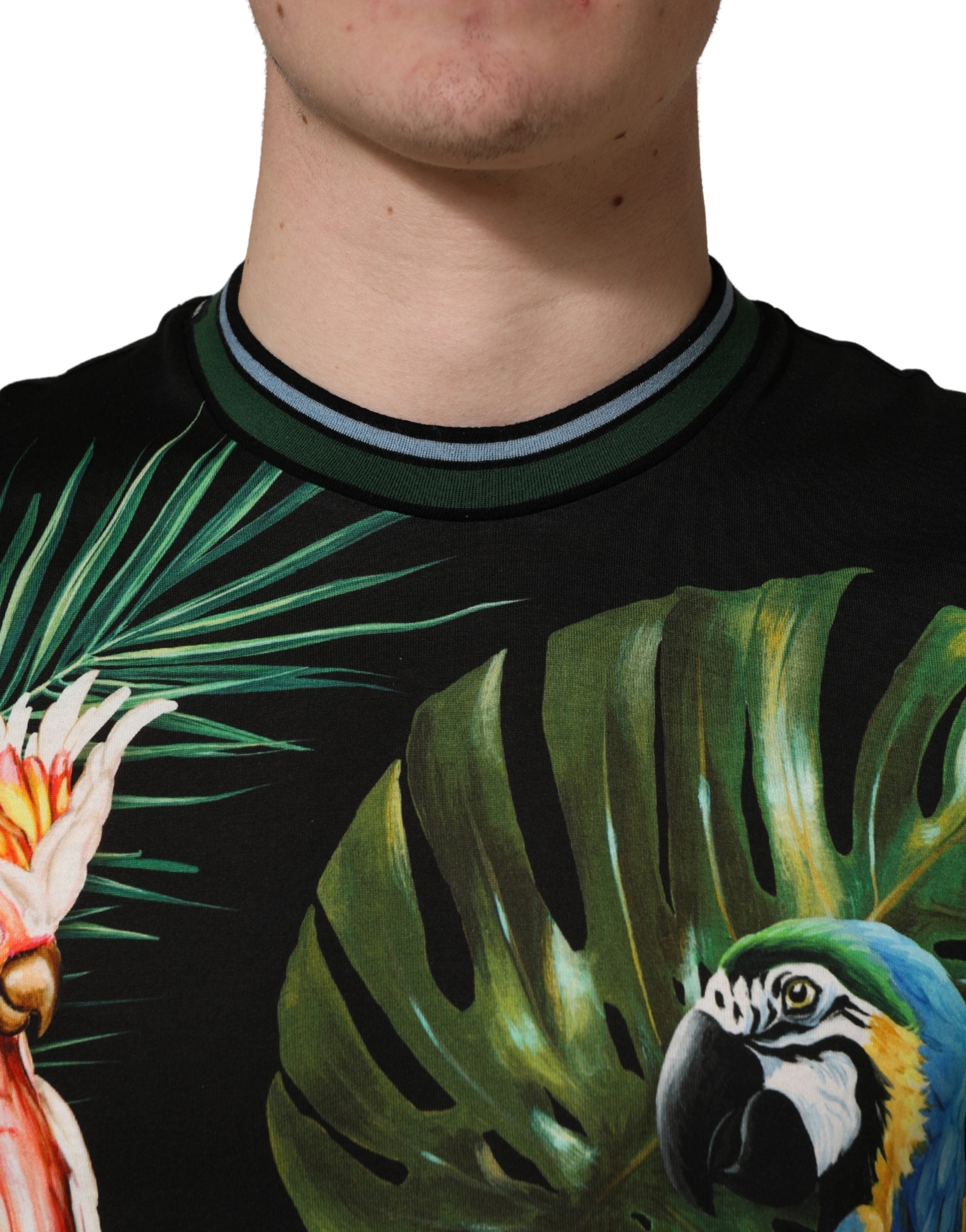 Black Bird Print Cotton Men Crew Neck T-shirt - ventzia