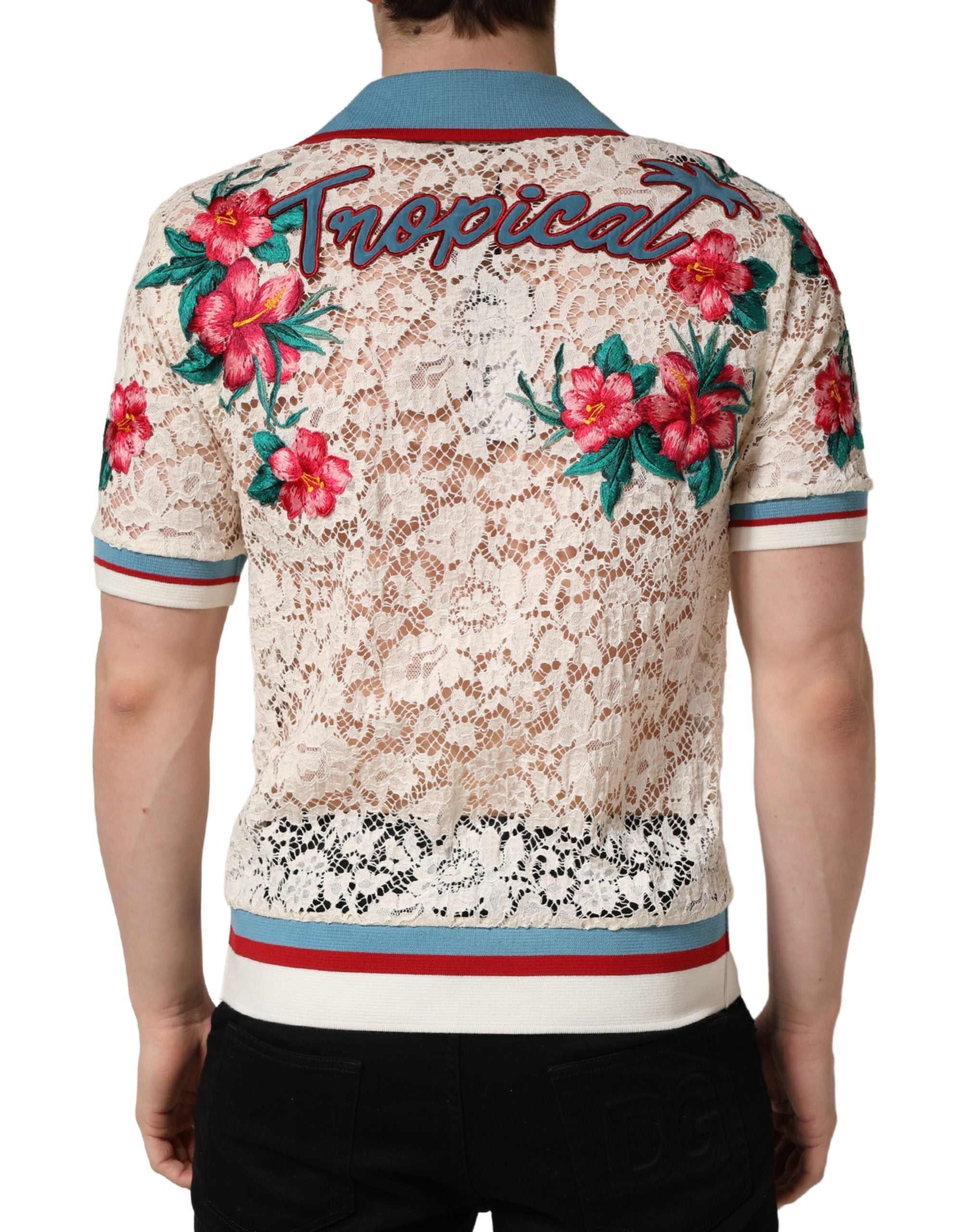 Beige Floral Tennis Club Lace Polo T-shirt - ventzia