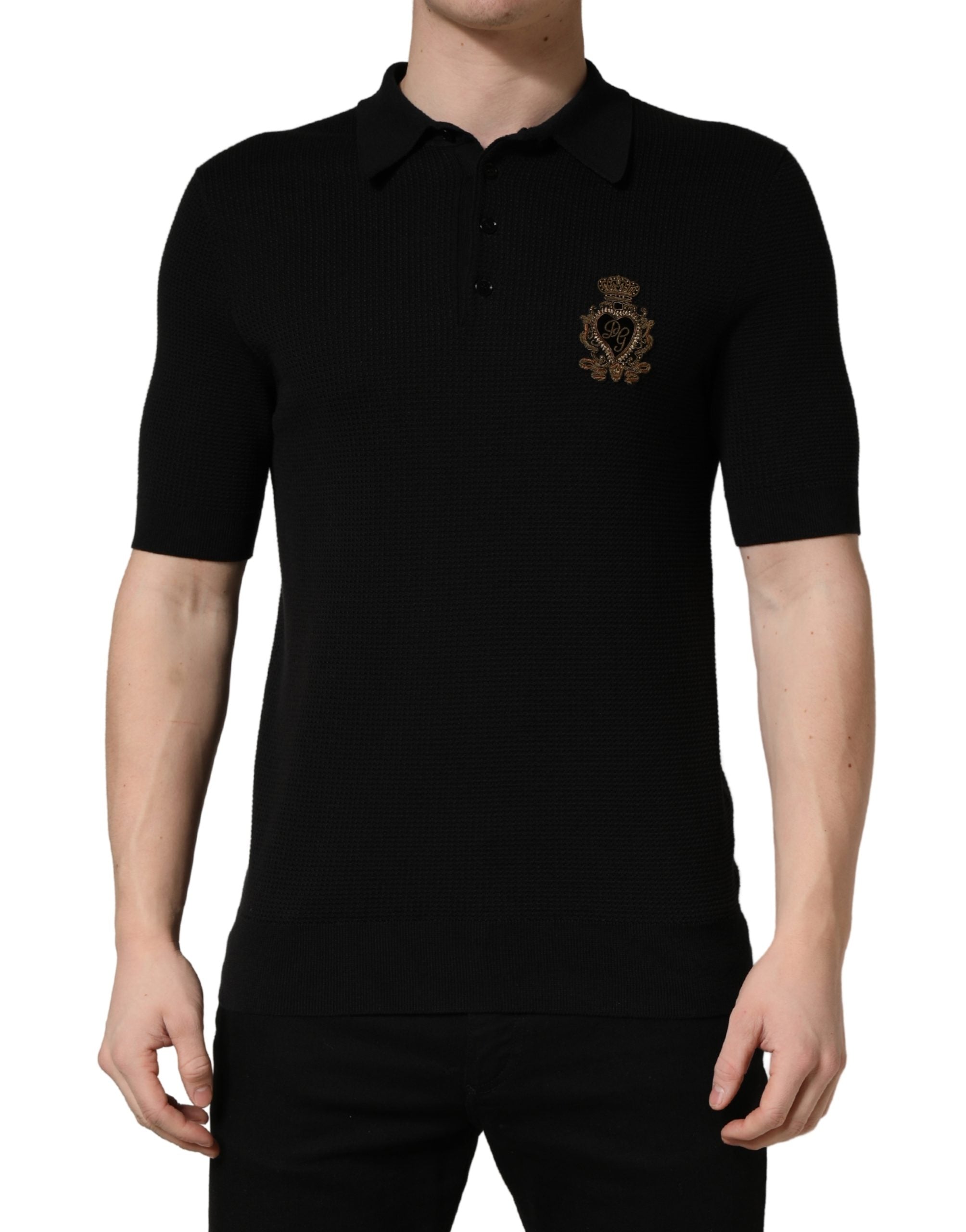 Black Heraldic Crest Patch Silk Polo T-shirt - ventzia