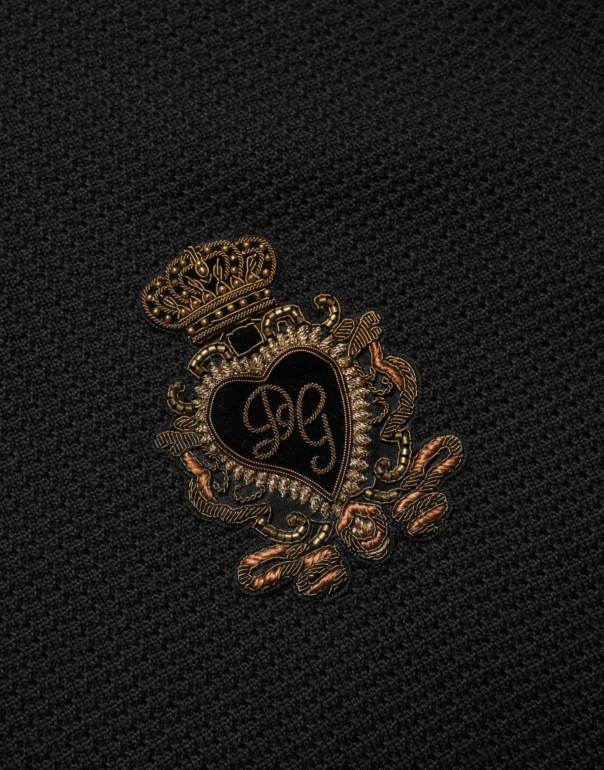 Black Heraldic Crest Patch Silk Polo T-shirt - ventzia