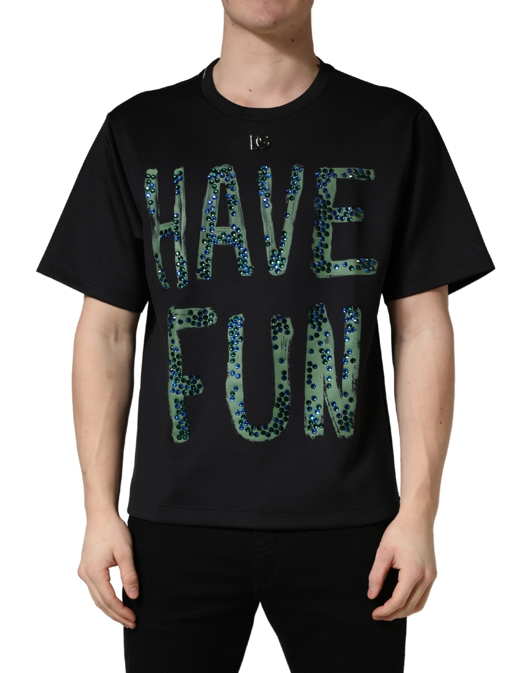 Black Have Fun Embellished Crew Neck T-shirt - ventzia