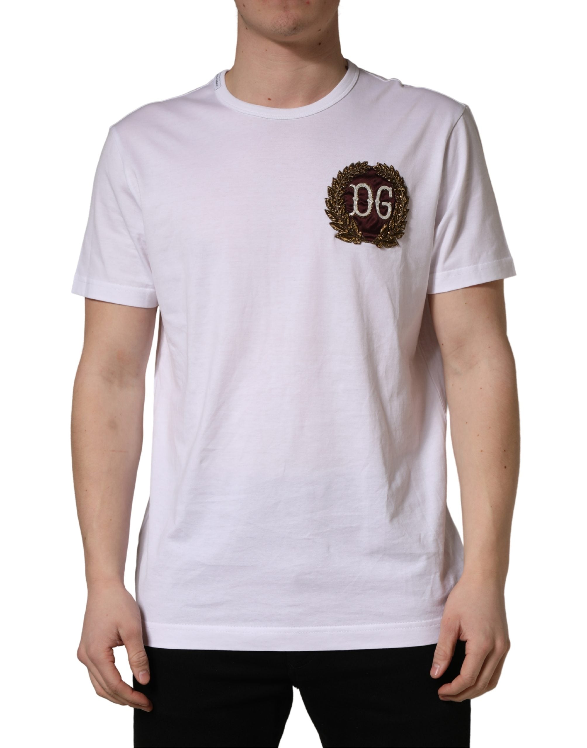 White DG Leaf Embroidery Crew Neck  T-shirt - ventzia