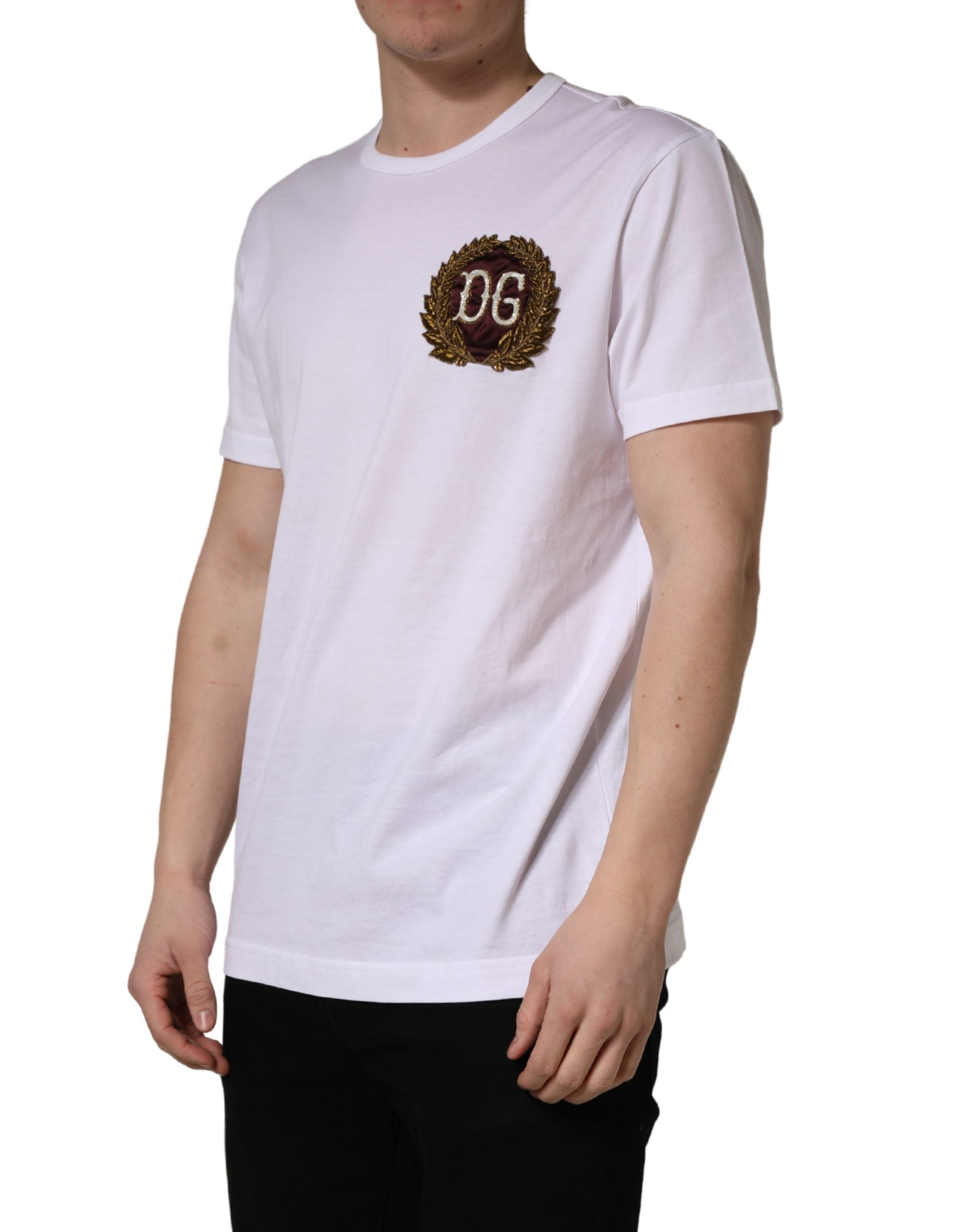 White DG Leaf Embroidery Crew Neck  T-shirt - ventzia