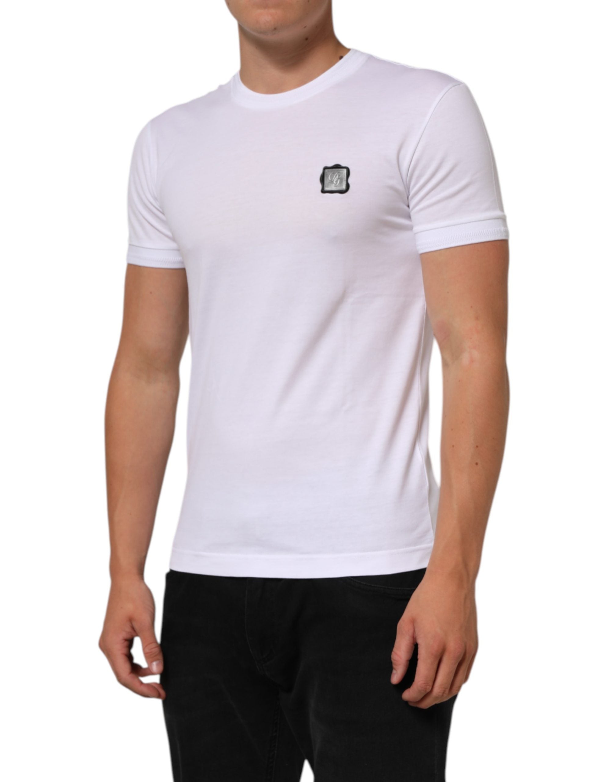 White Logo Patch Cotton Crew Neck T-shirt - ventzia