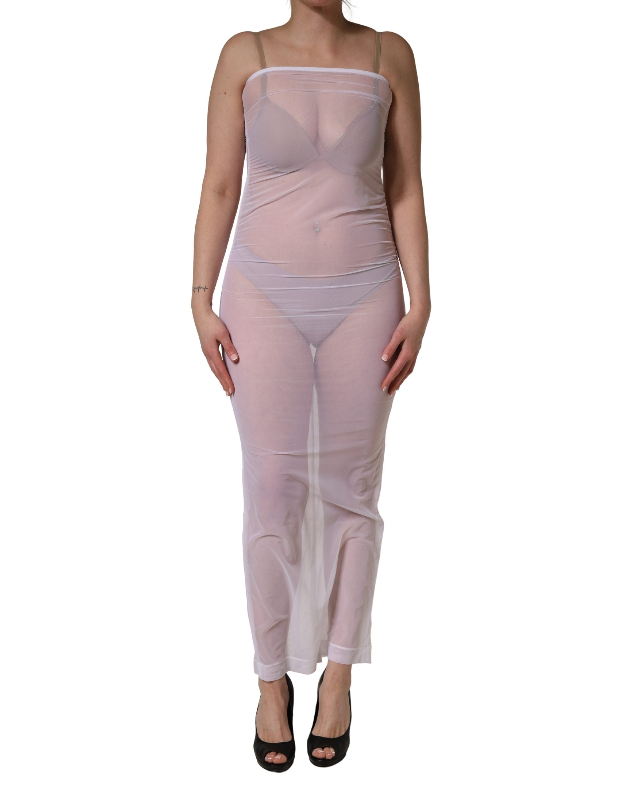 White Sheer Nylon Stretch Sheath Maxi Dress - ventzia