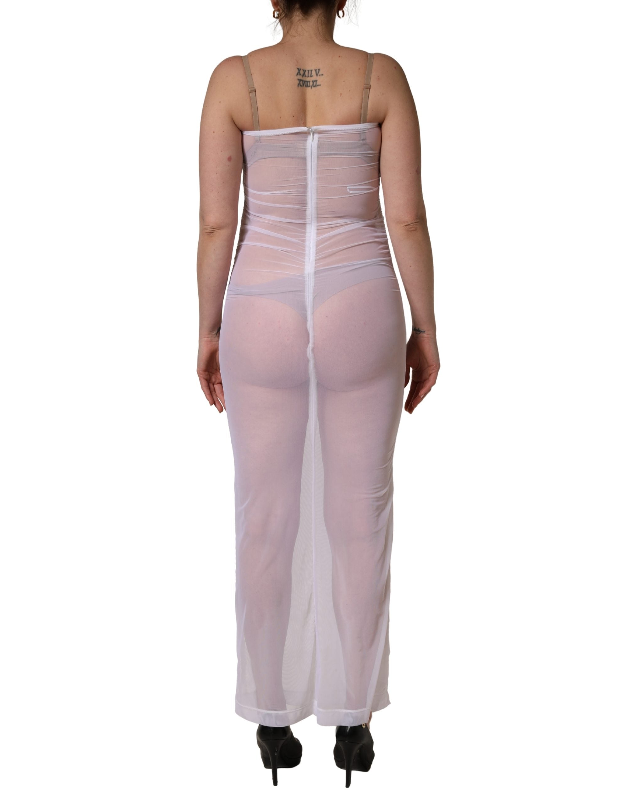 White Sheer Nylon Stretch Sheath Maxi Dress - ventzia