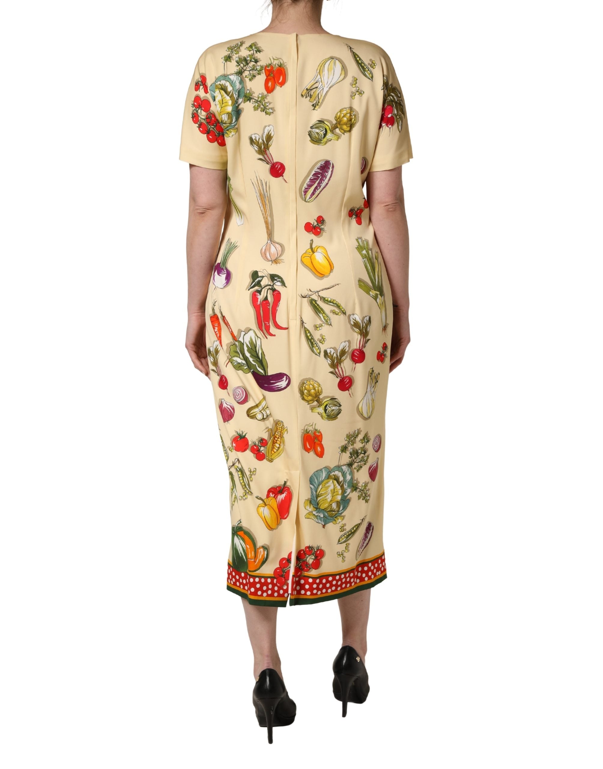 Beige Fruit PolkaDot Sheath Silk Midi Dress - ventzia