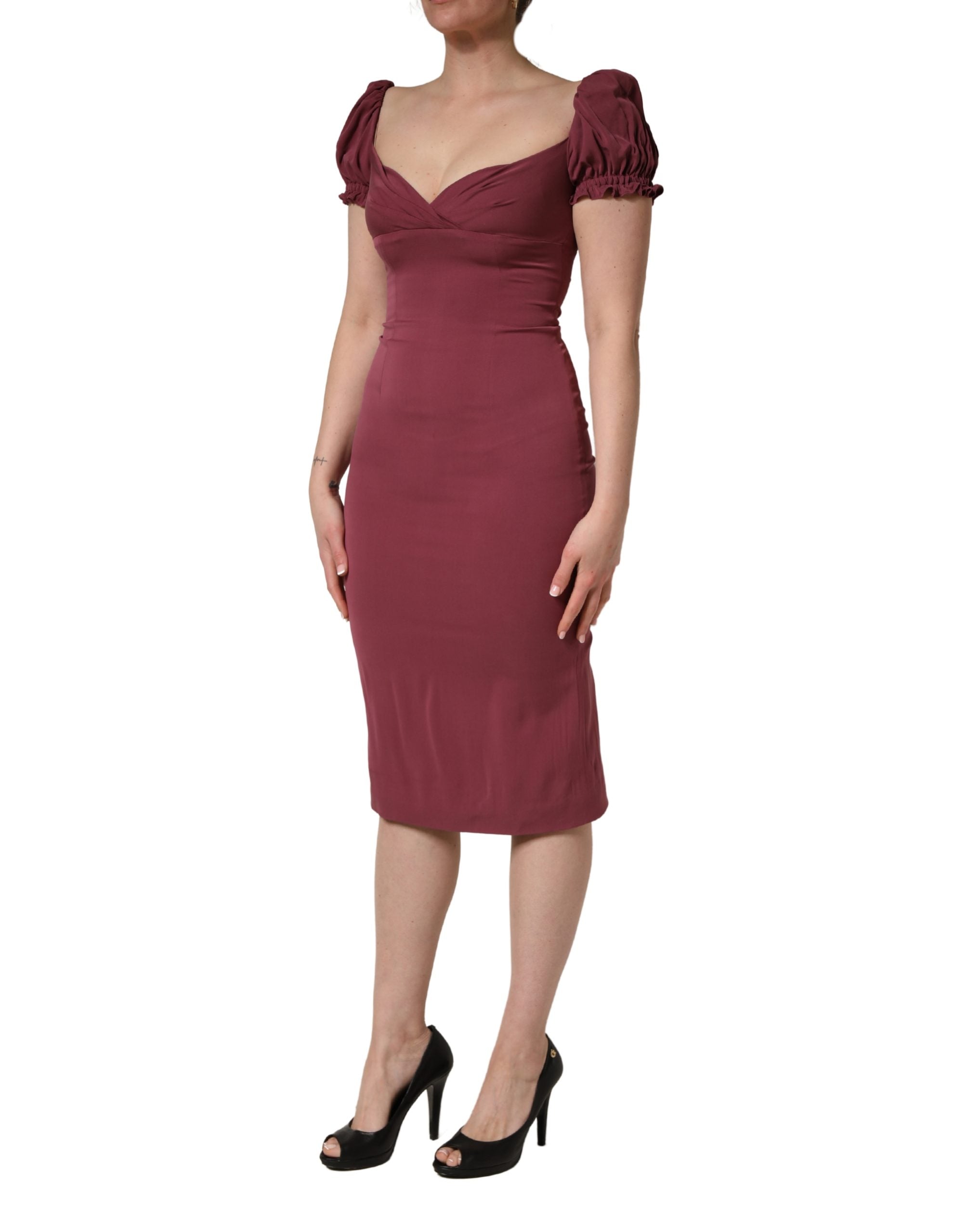 Maroon Silk Sweetheart Sheath Midi Dress - ventzia