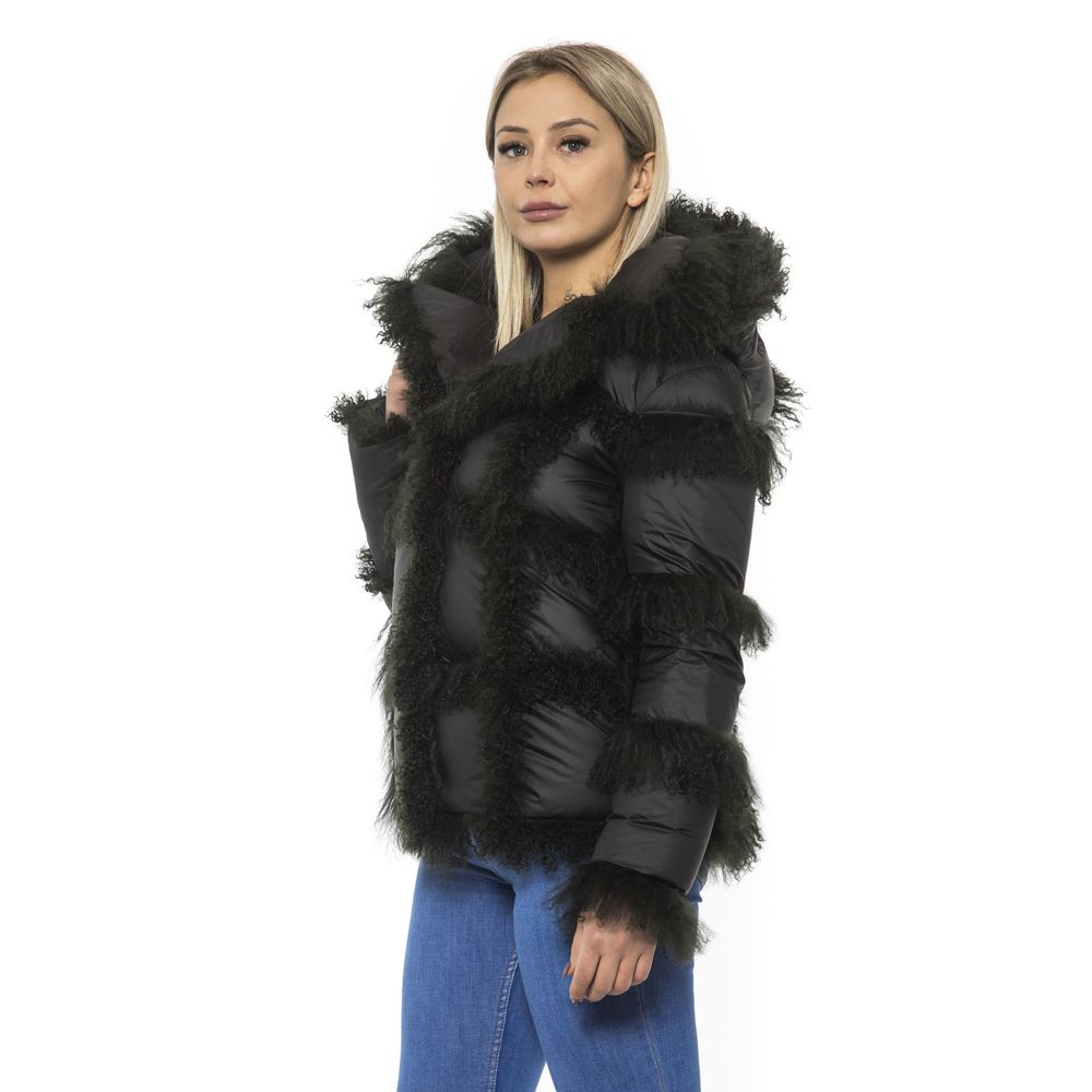 Black Poly Jacket with Lamb Fur Hood for Women - ventzia
