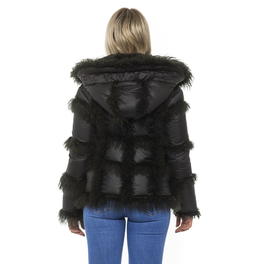Black Poly Jacket with Lamb Fur Hood for Women - ventzia