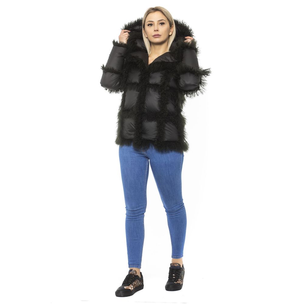Black Poly Jacket with Lamb Fur Hood for Women - ventzia
