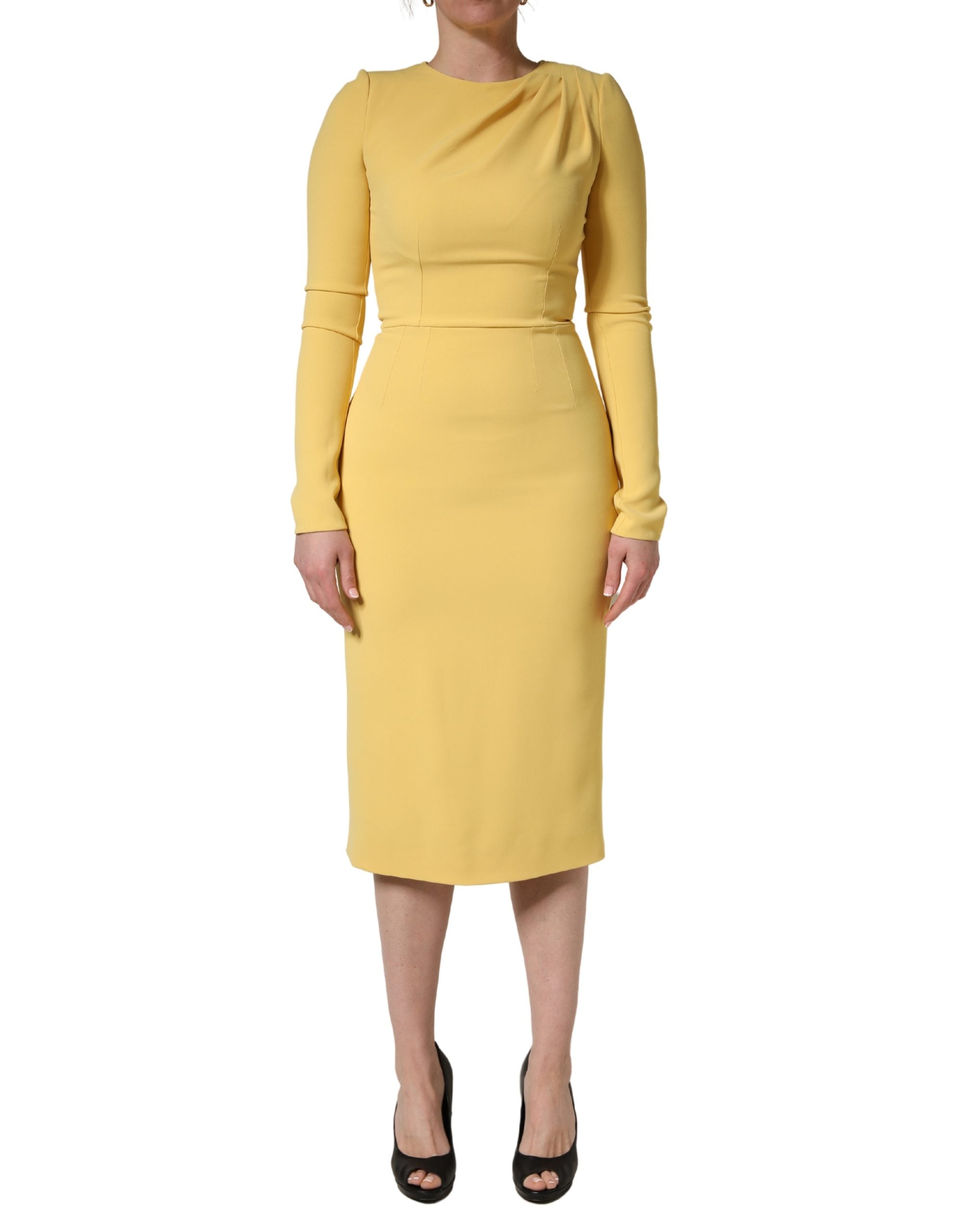 Yellow Silk Long Sleeves Sheath Midi Dress - ventzia