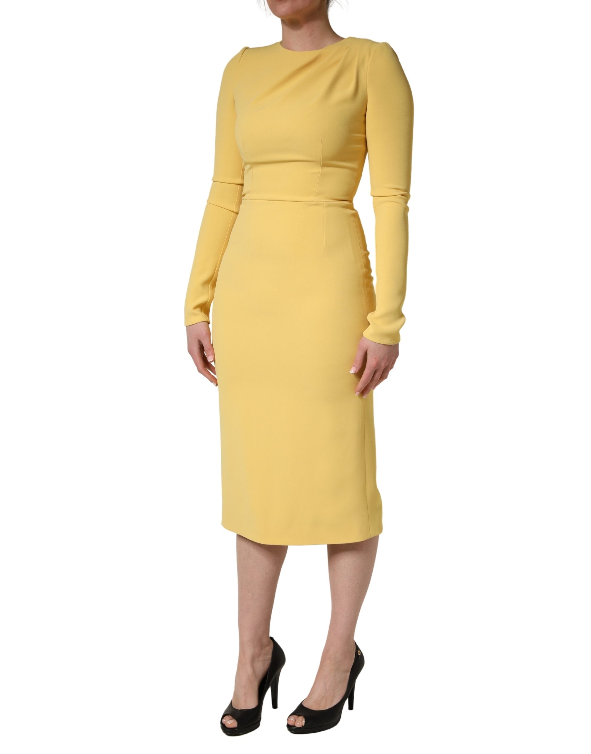 Yellow Silk Long Sleeves Sheath Midi Dress - ventzia