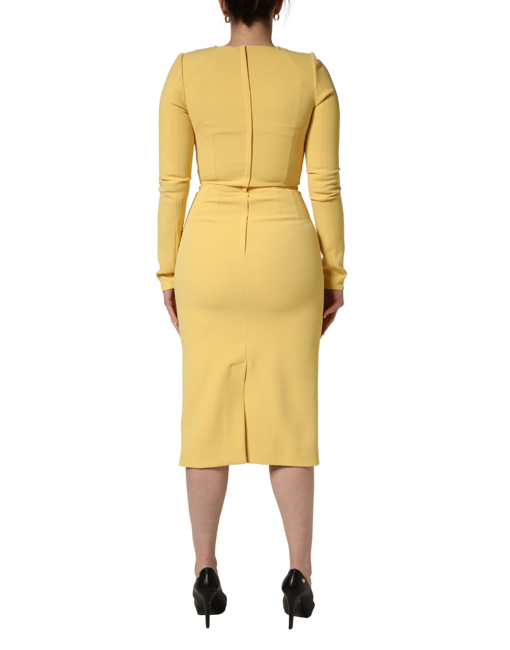 Yellow Silk Long Sleeves Sheath Midi Dress - ventzia