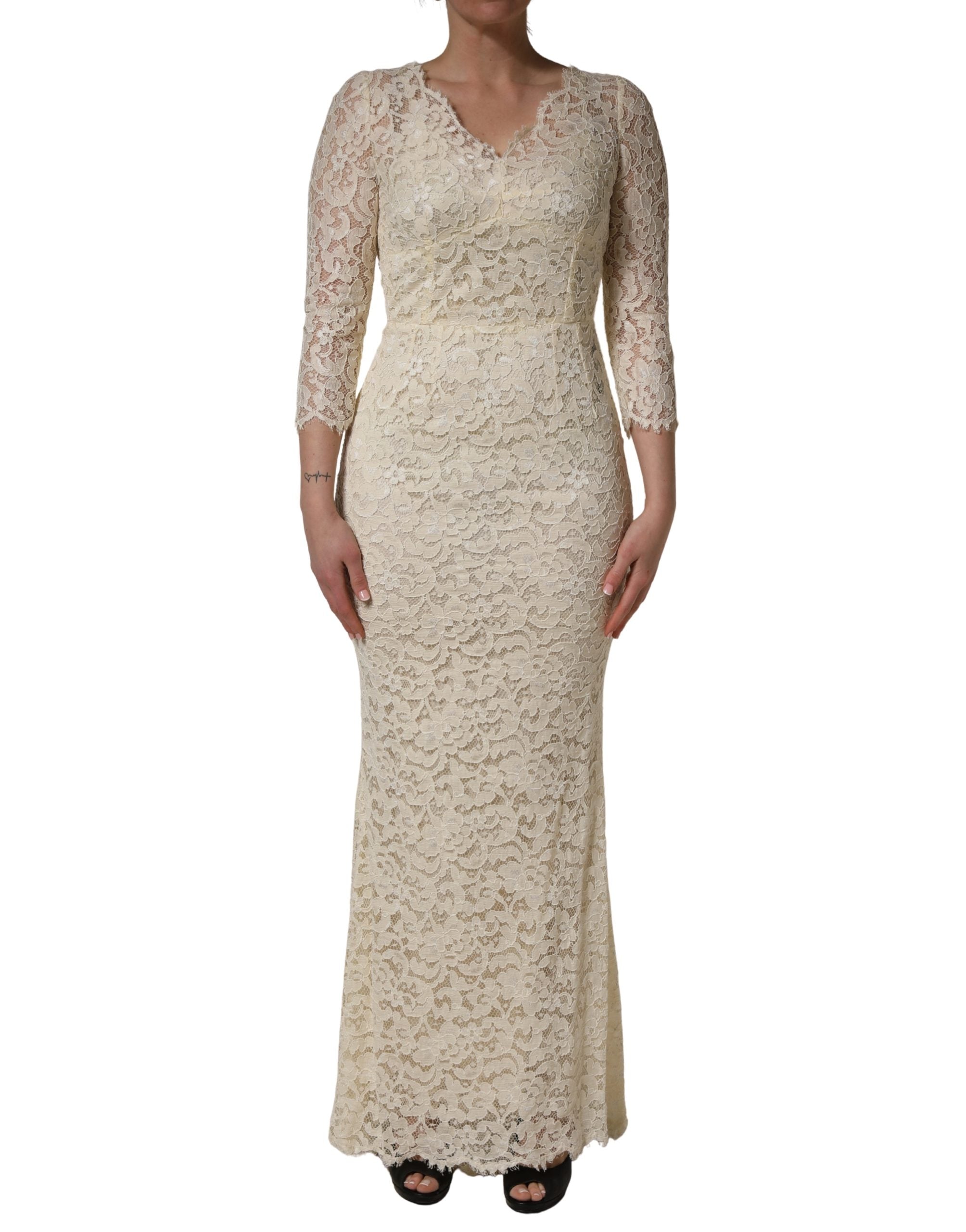 Off White Floral Lace Sheath Maxi Dress - ventzia