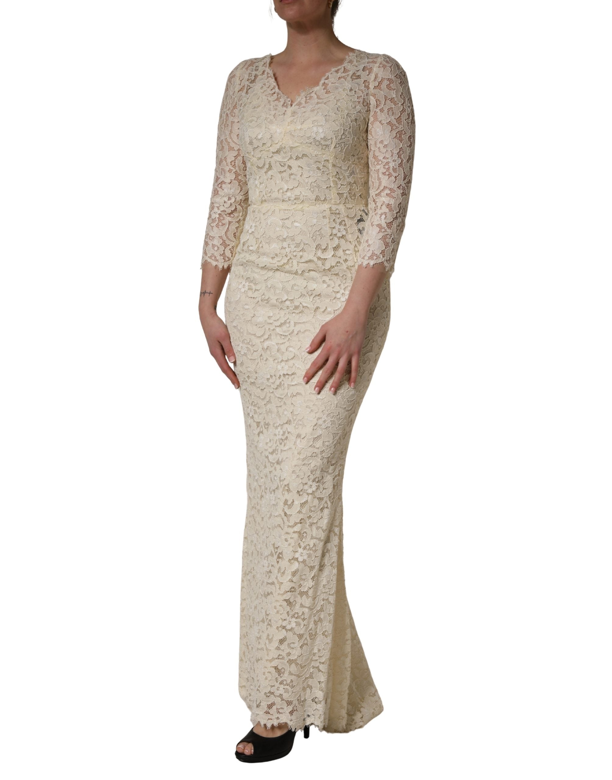 Off White Floral Lace Sheath Maxi Dress - ventzia