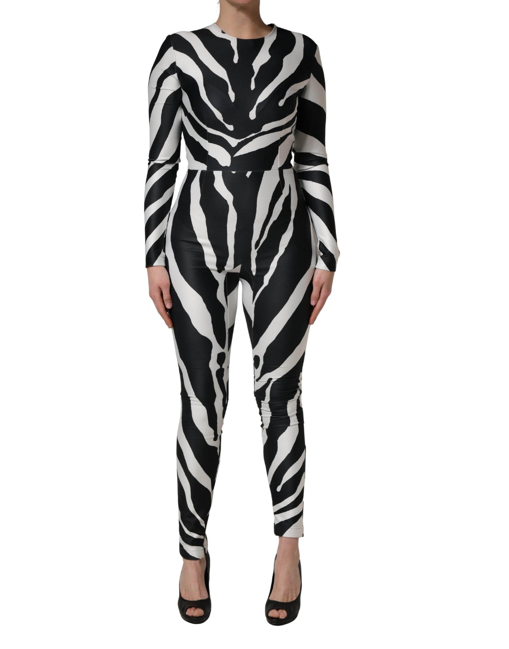 Black White Polyester Zebra Pattern Jumpsuit - ventzia