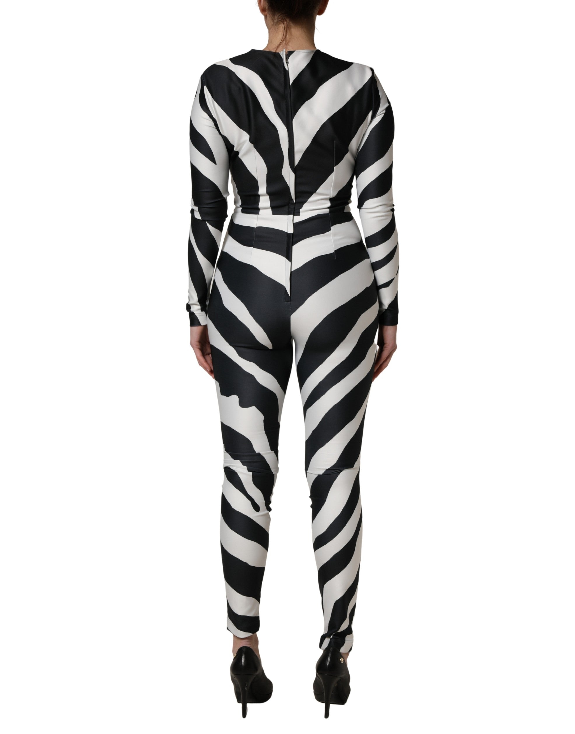 Black White Polyester Zebra Pattern Jumpsuit - ventzia
