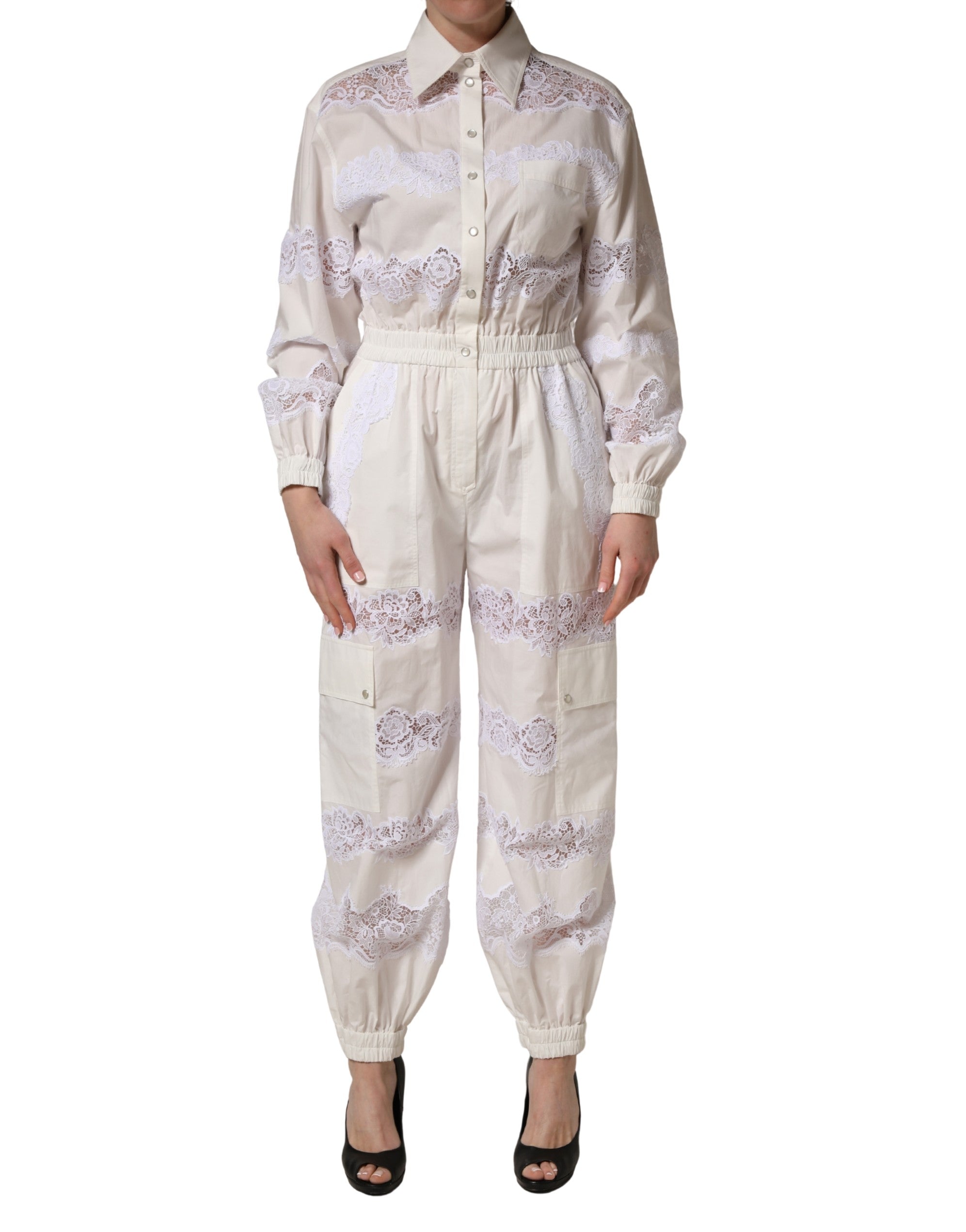 White Cotton Lace Trim Long Sleeves Jumpsuit - ventzia