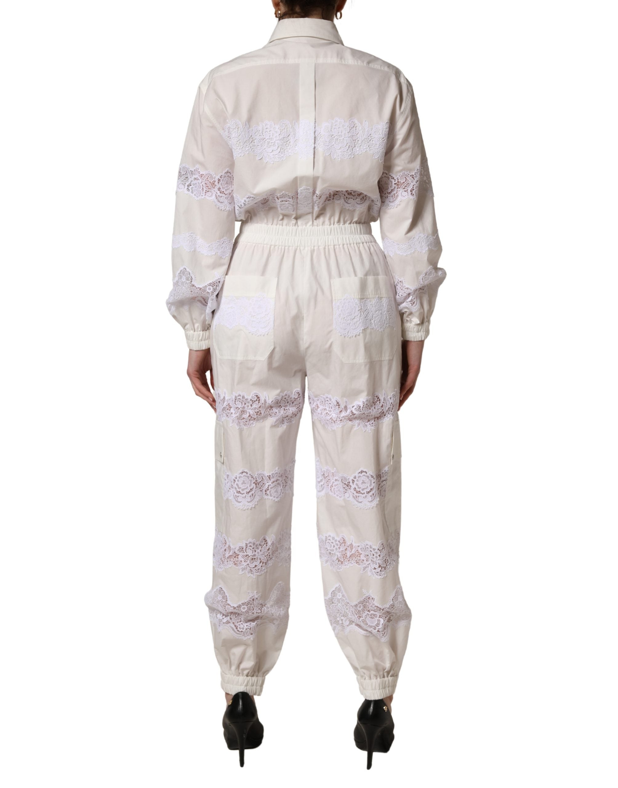 White Cotton Lace Trim Long Sleeves Jumpsuit - ventzia
