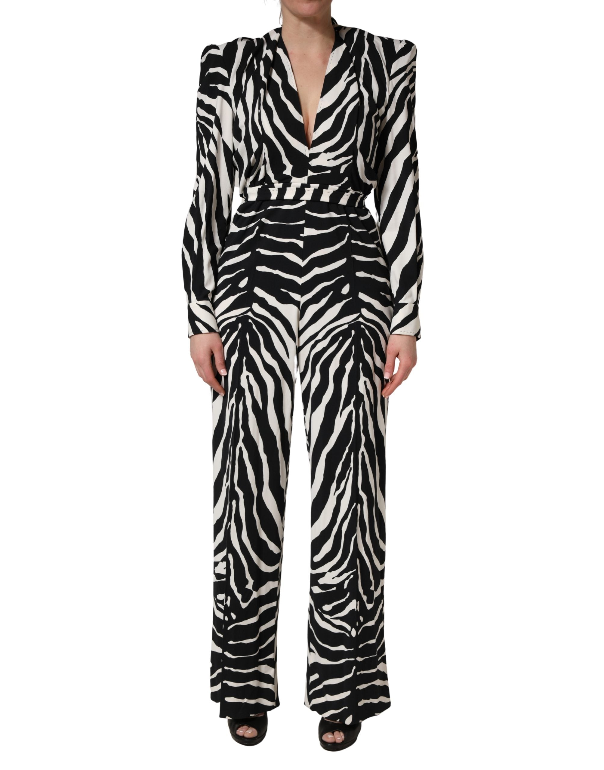 Black White Viscose Zebra Pattern Jumpsuit - ventzia