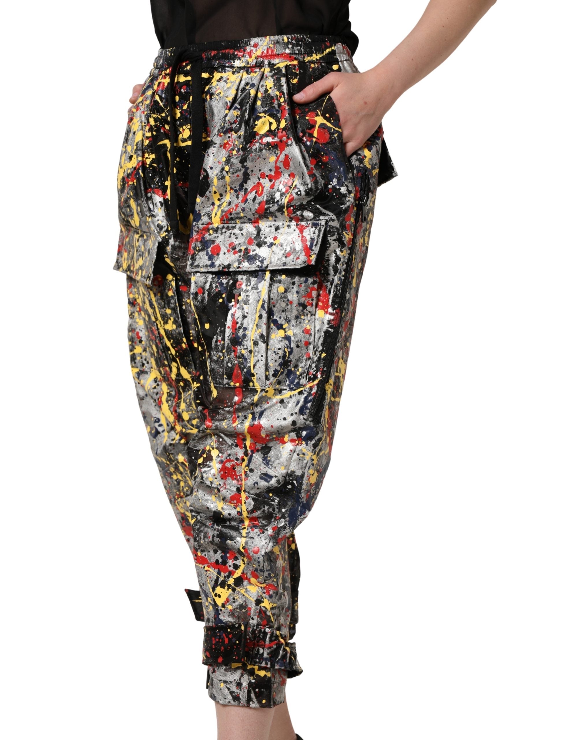 Black ColorSplash Effect Cargo Cropped Pants - ventzia
