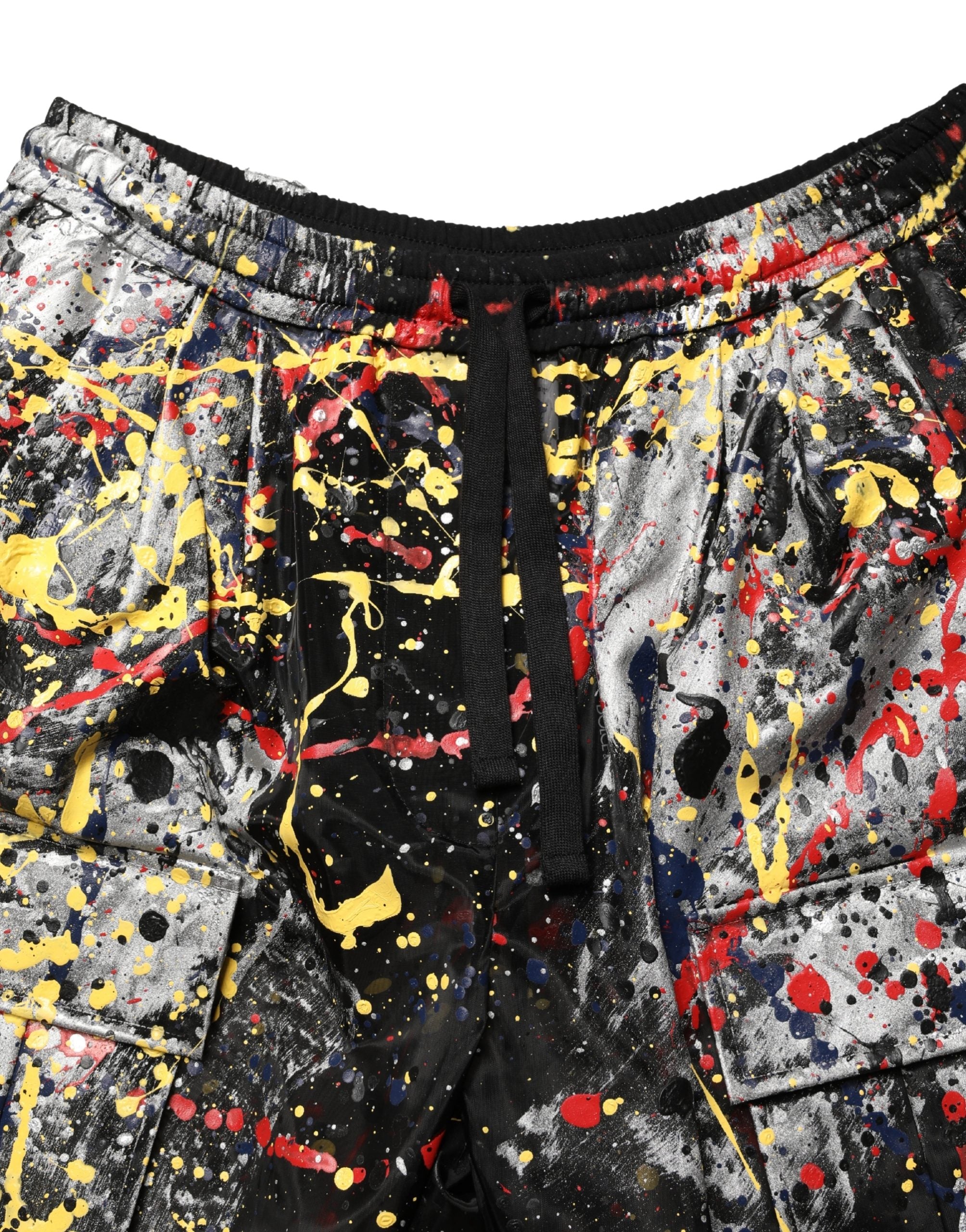 Black ColorSplash Effect Cargo Cropped Pants - ventzia