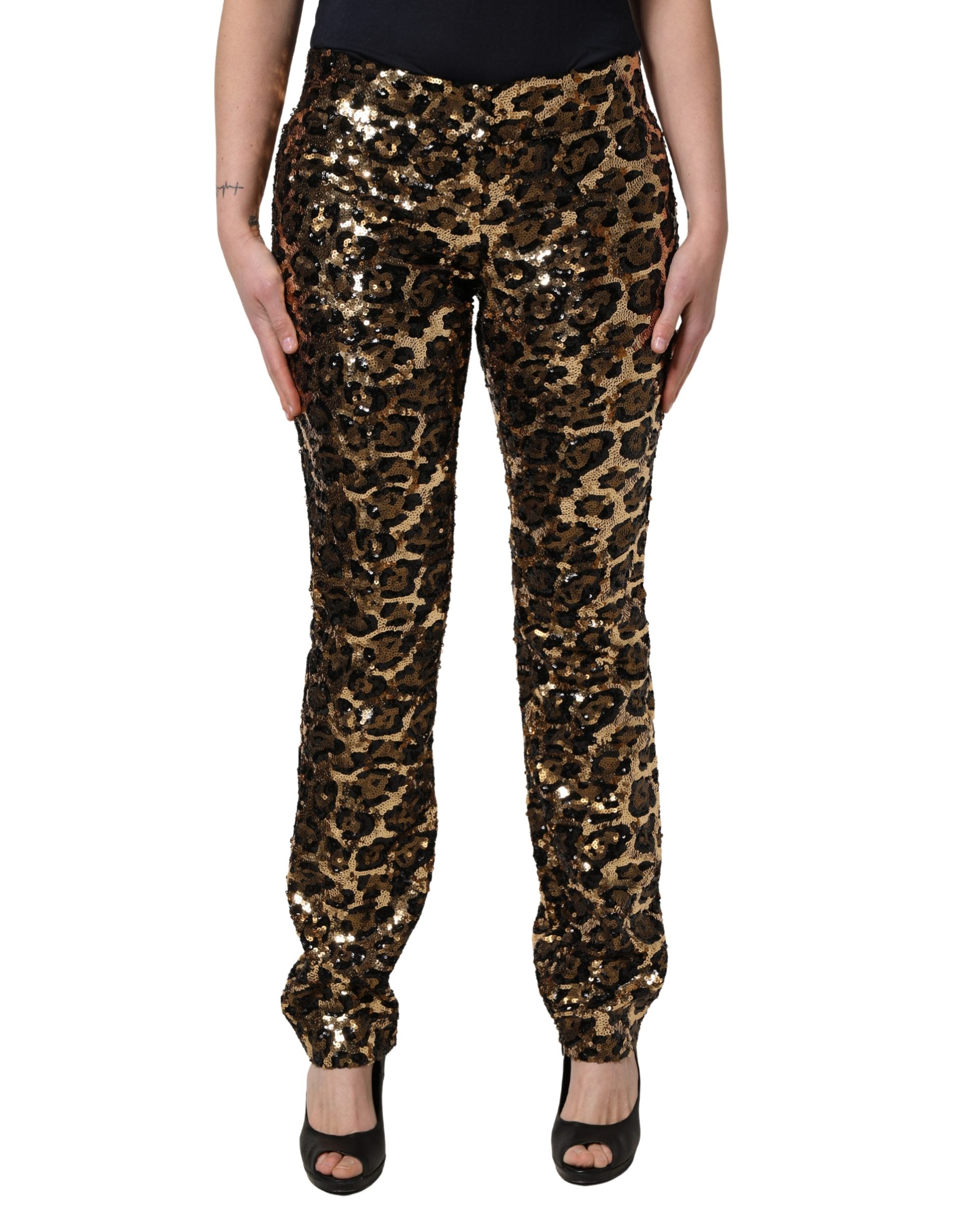 Gold Leopard Sequined Straight Trouser Pants - ventzia