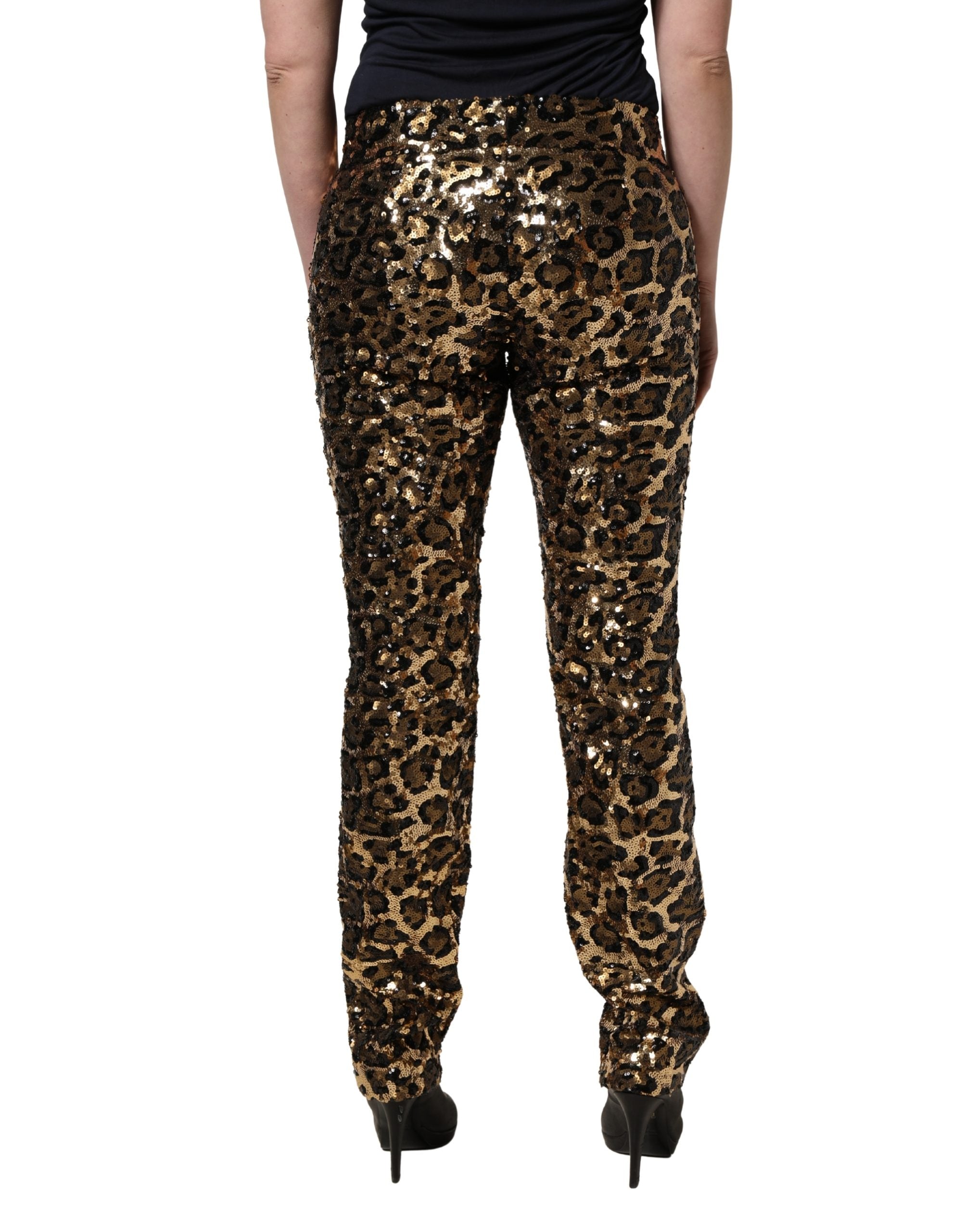 Gold Leopard Sequined Straight Trouser Pants - ventzia