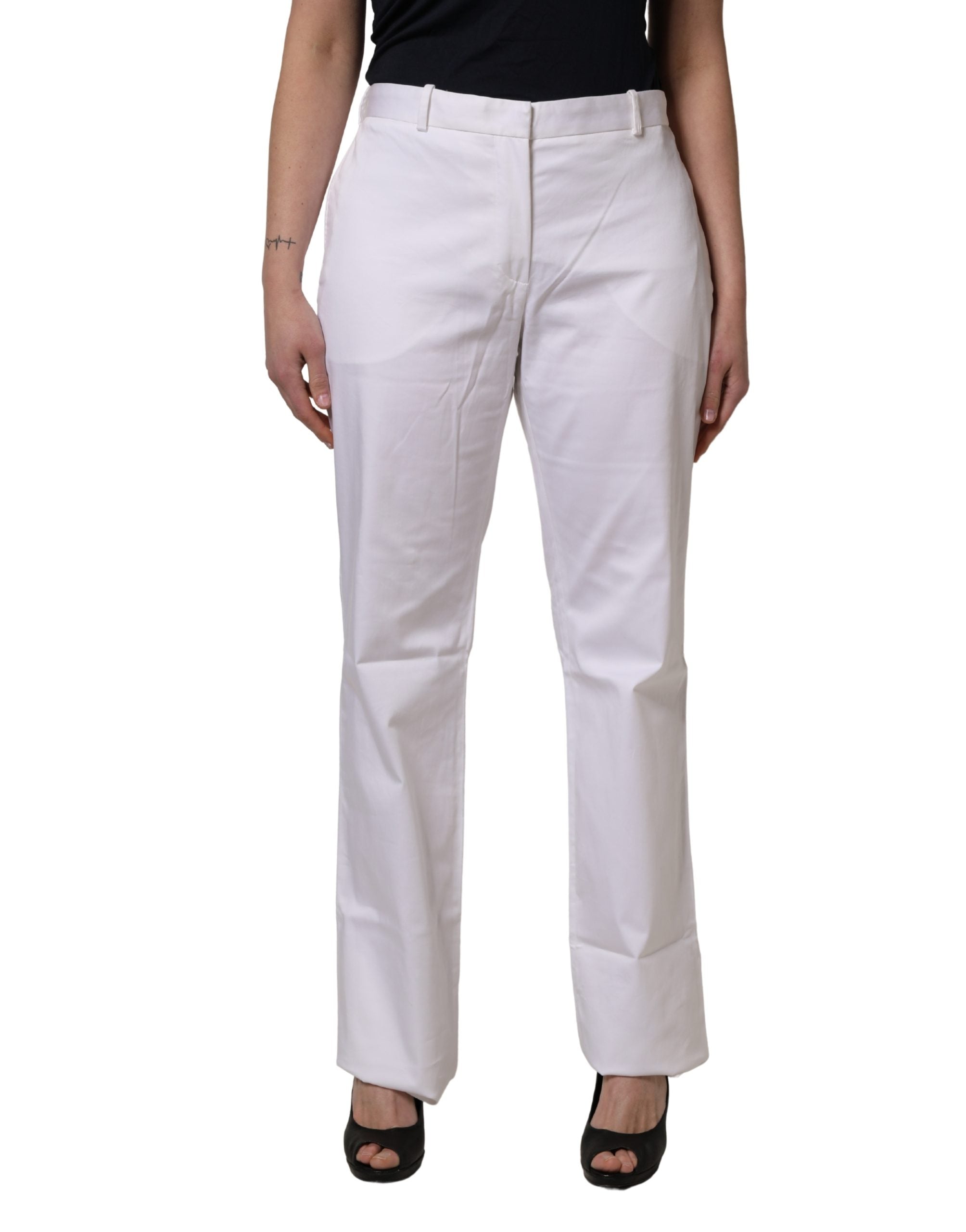 White Mid Waist Straight Chino Women Trouser Pants - ventzia