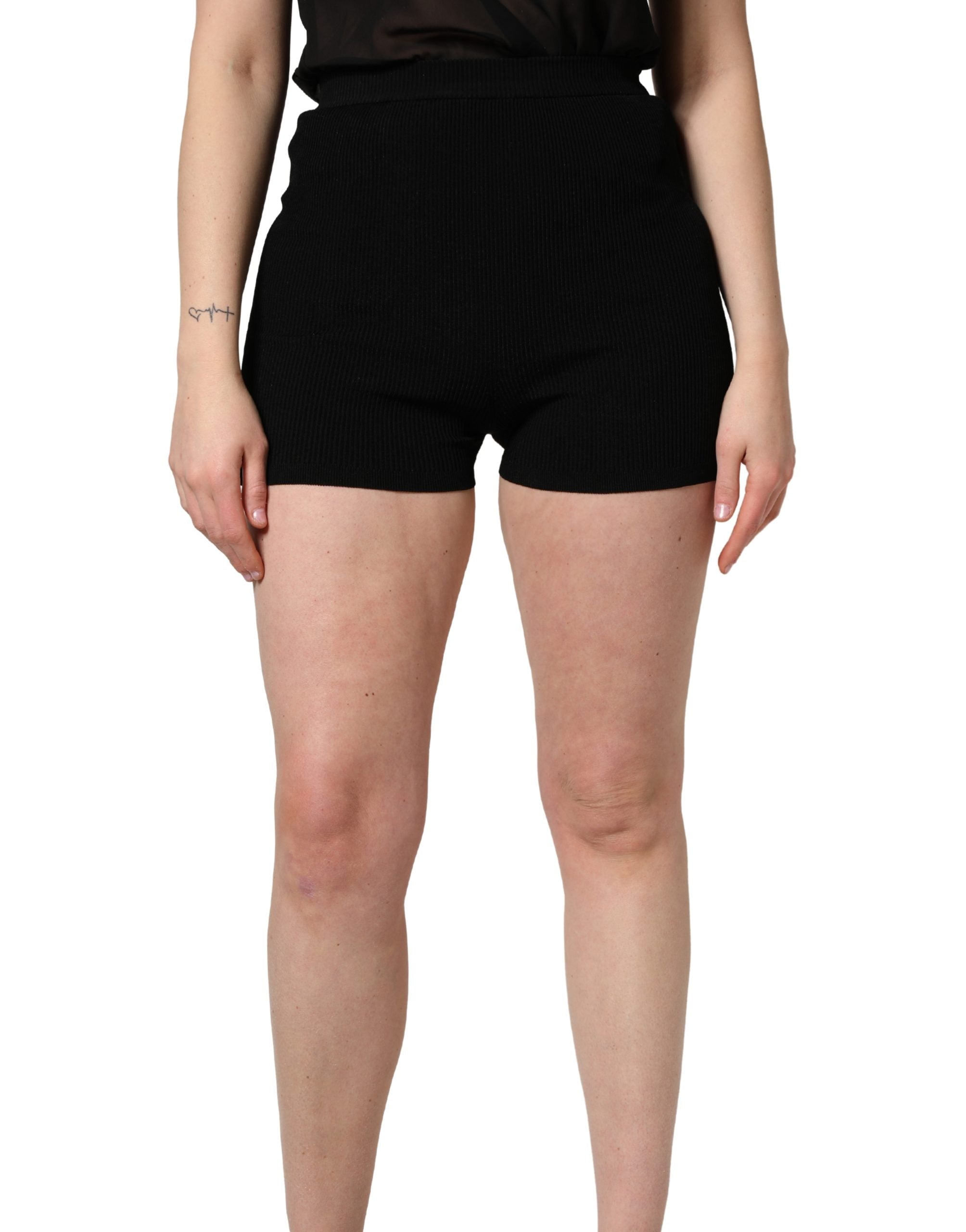 Black Viscose High Waisted Hot Pants Shorts - ventzia