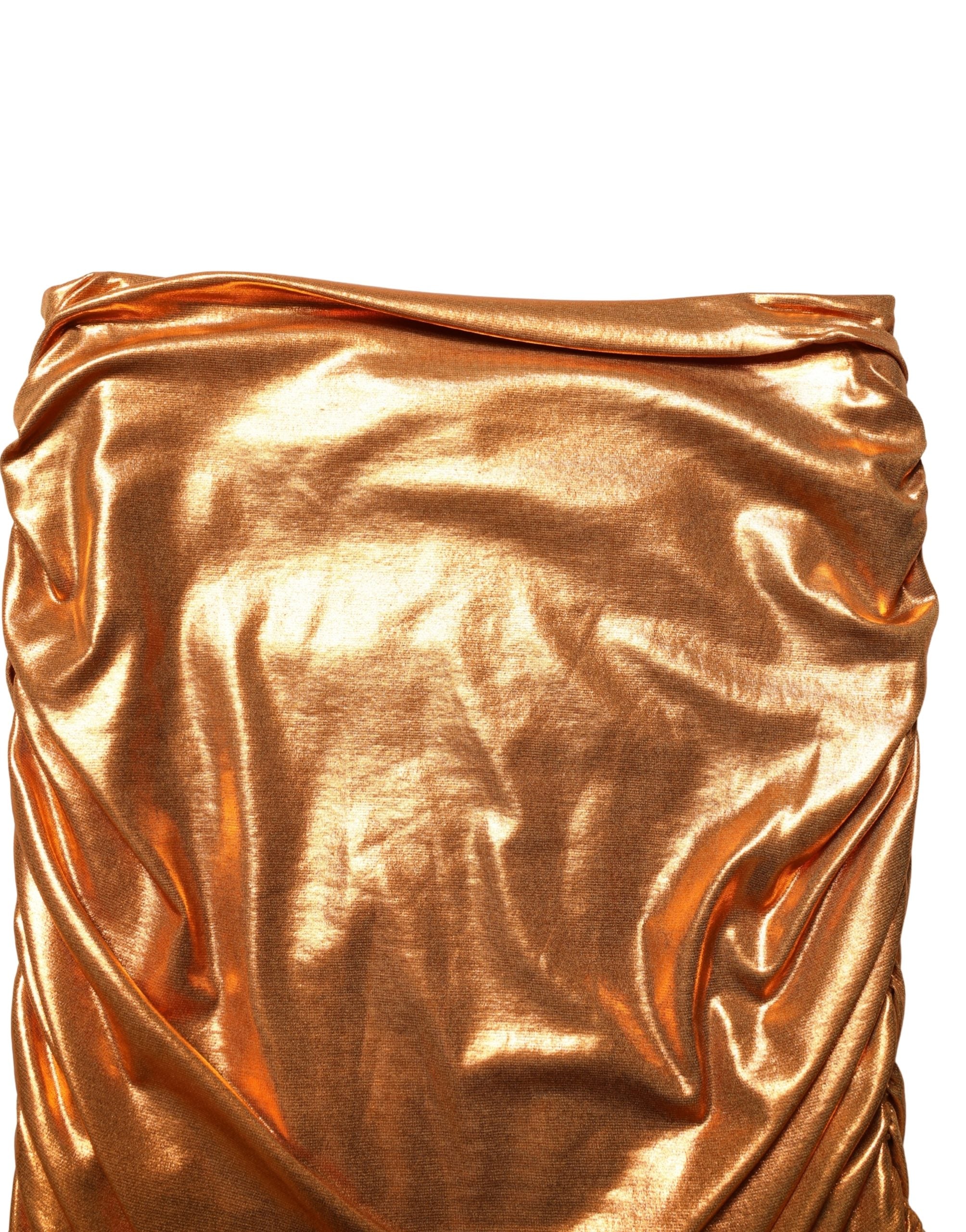 Metallic Orange Ruched Lame Bodycon Mini Skirt - ventzia