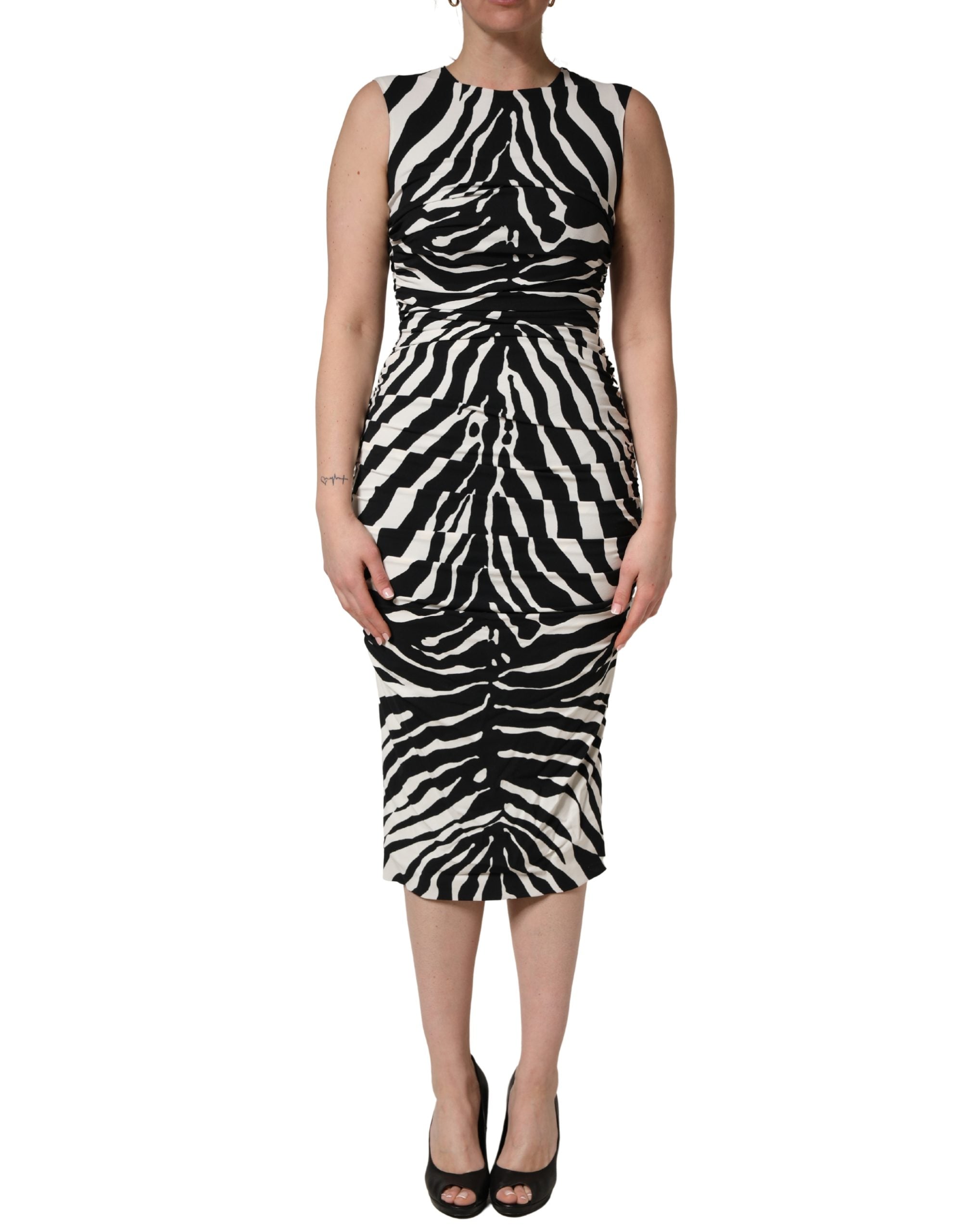 Black White Zebra Cady Calf Length Dress - ventzia