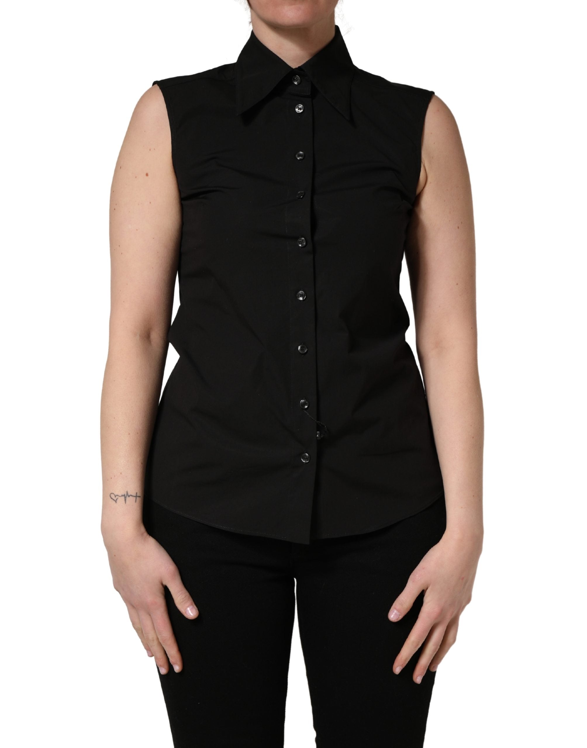 Black Cotton Sleeveless Collared Blouse Top - ventzia