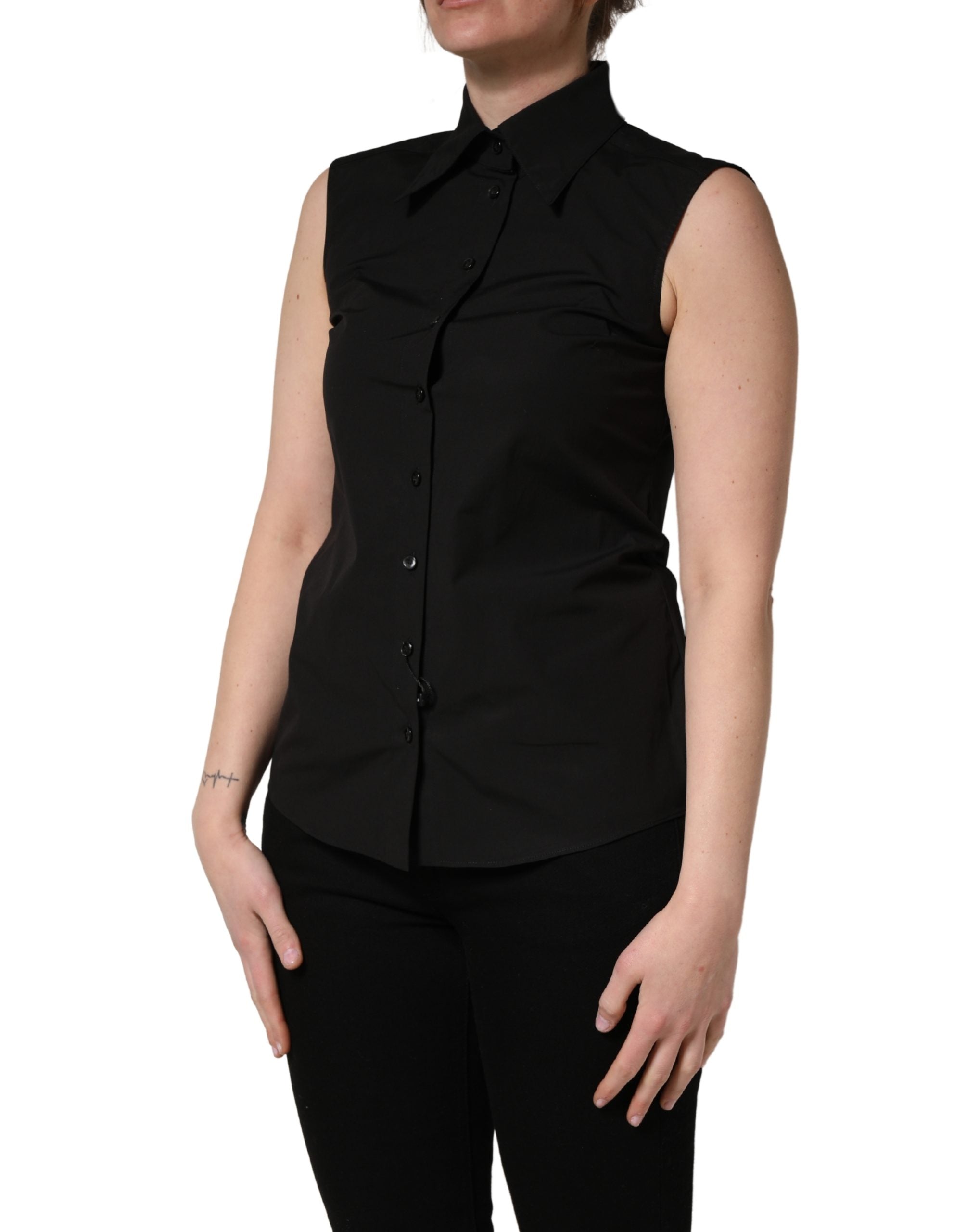 Black Cotton Sleeveless Collared Blouse Top - ventzia