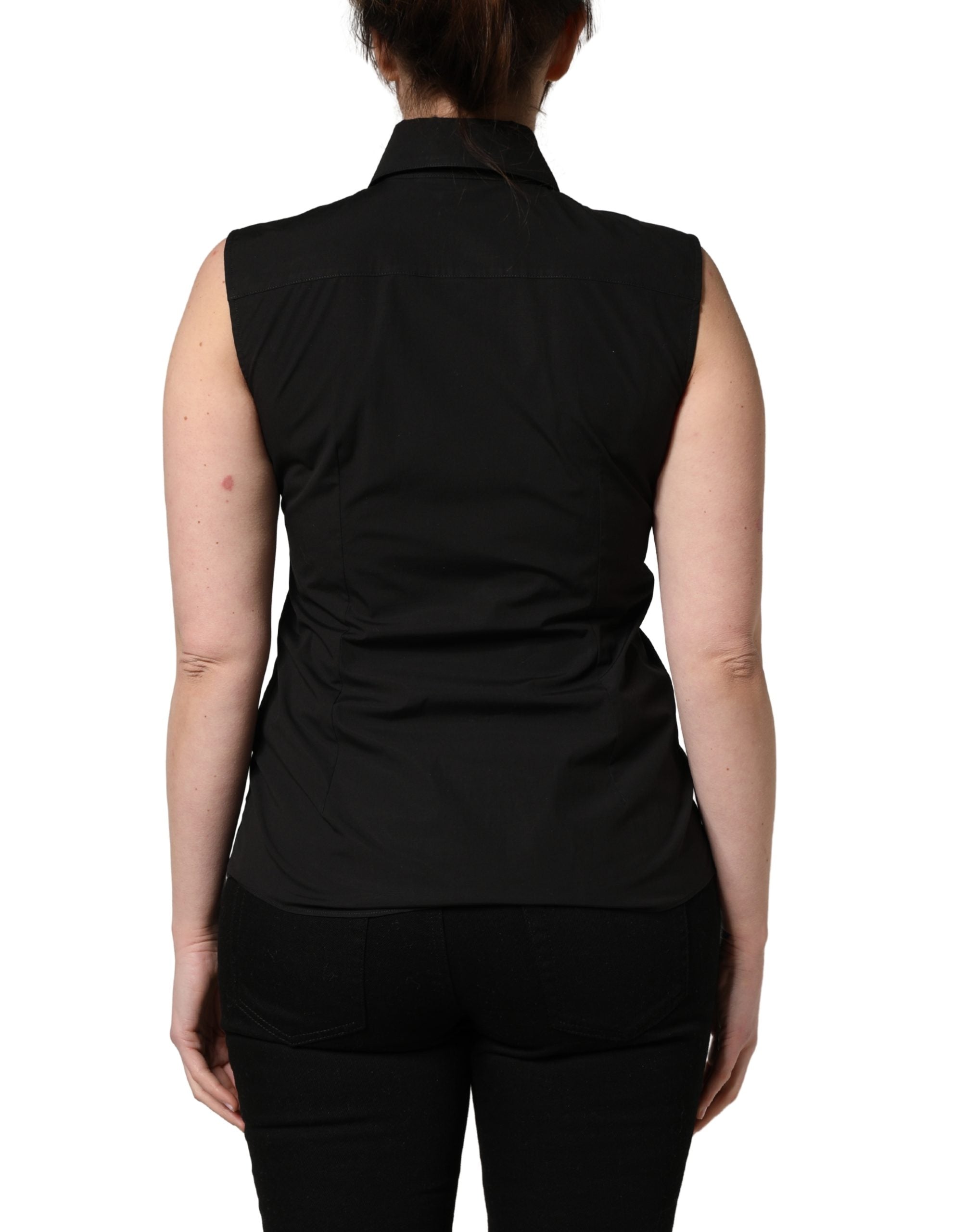 Black Cotton Sleeveless Collared Blouse Top - ventzia