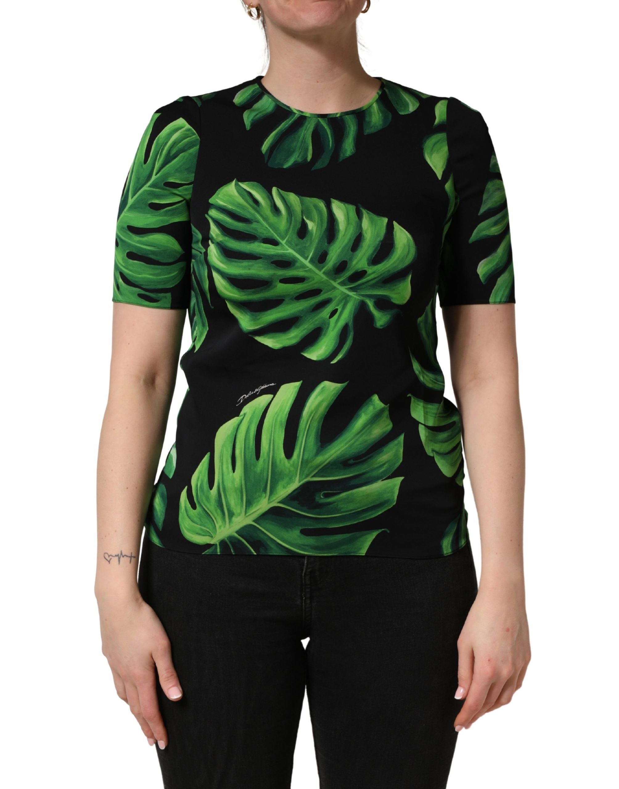Black Philodendron Print Silk Blouse Top - ventzia