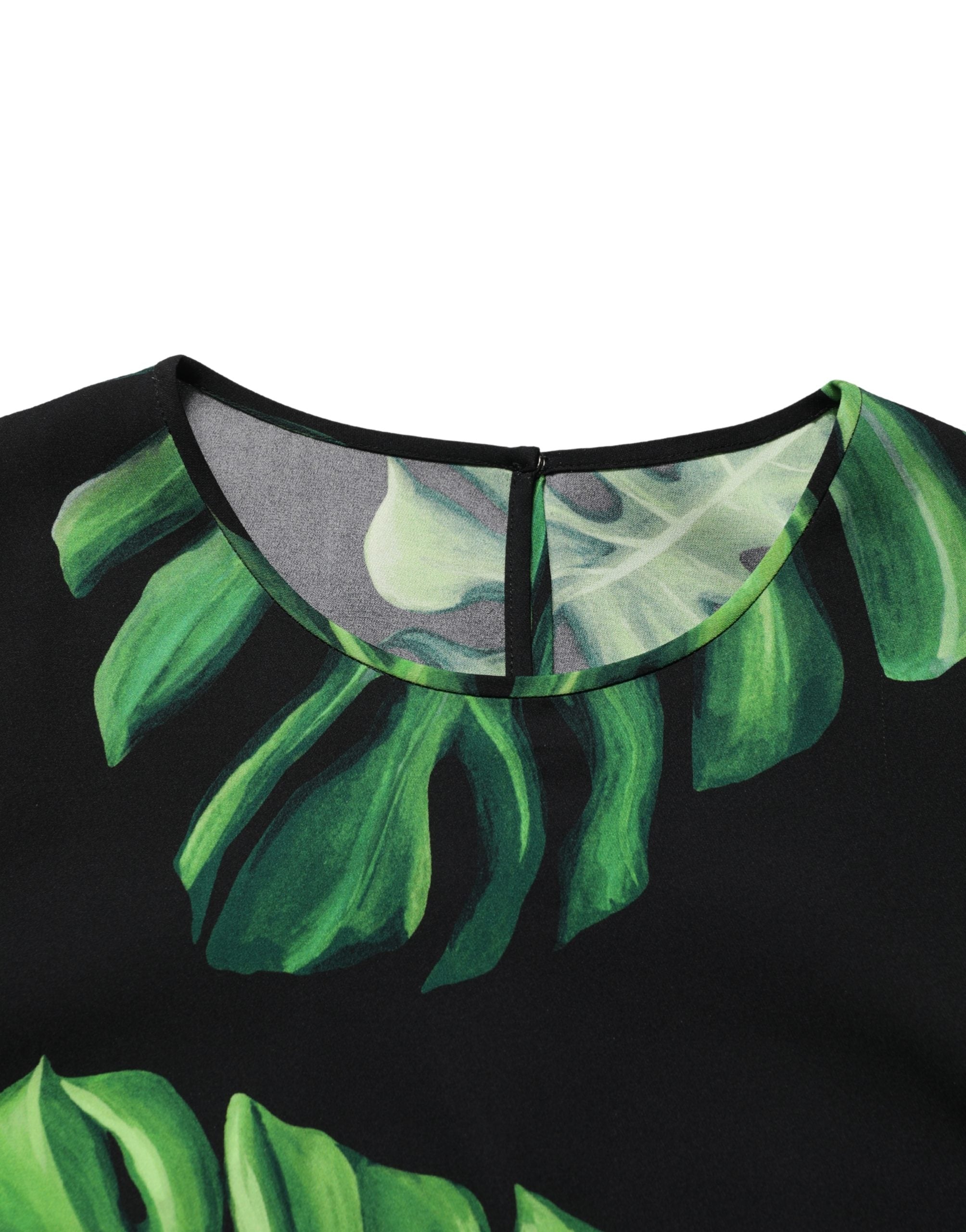 Black Philodendron Print Silk Blouse Top - ventzia