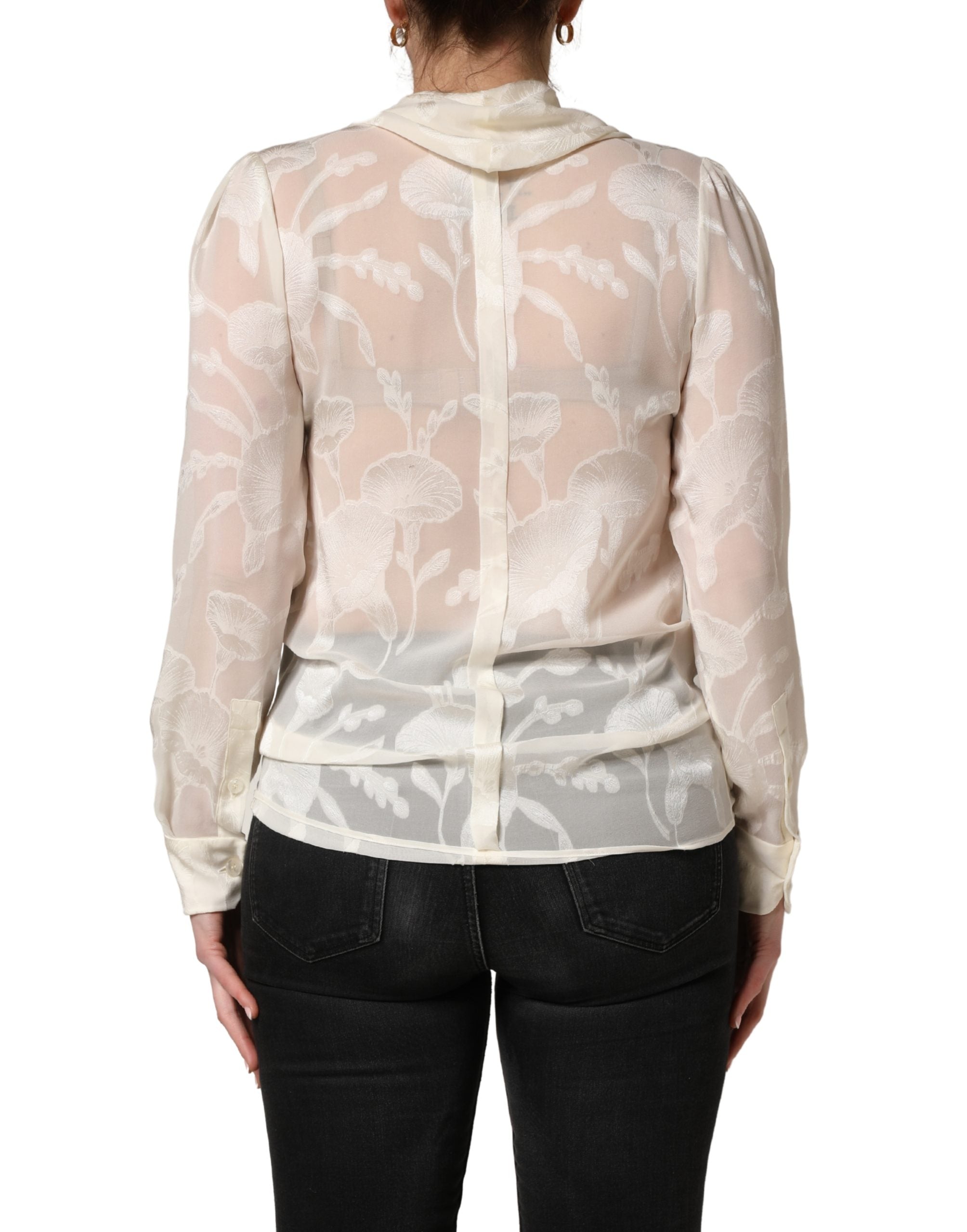 Off White Floral Semi Sheer Silk Blouse Top - ventzia