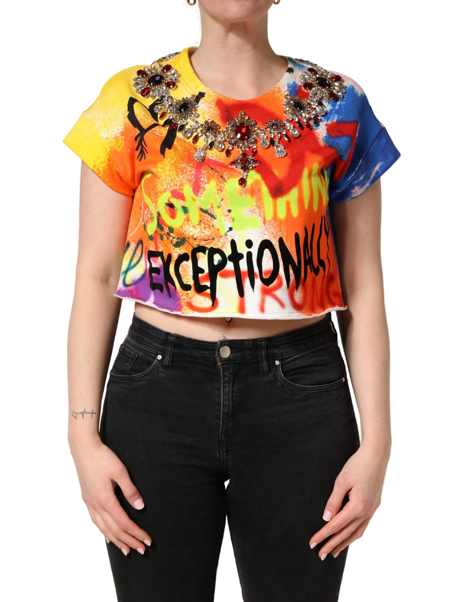 Multicolor Graffiti Crystals Crop Jersey Top - ventzia